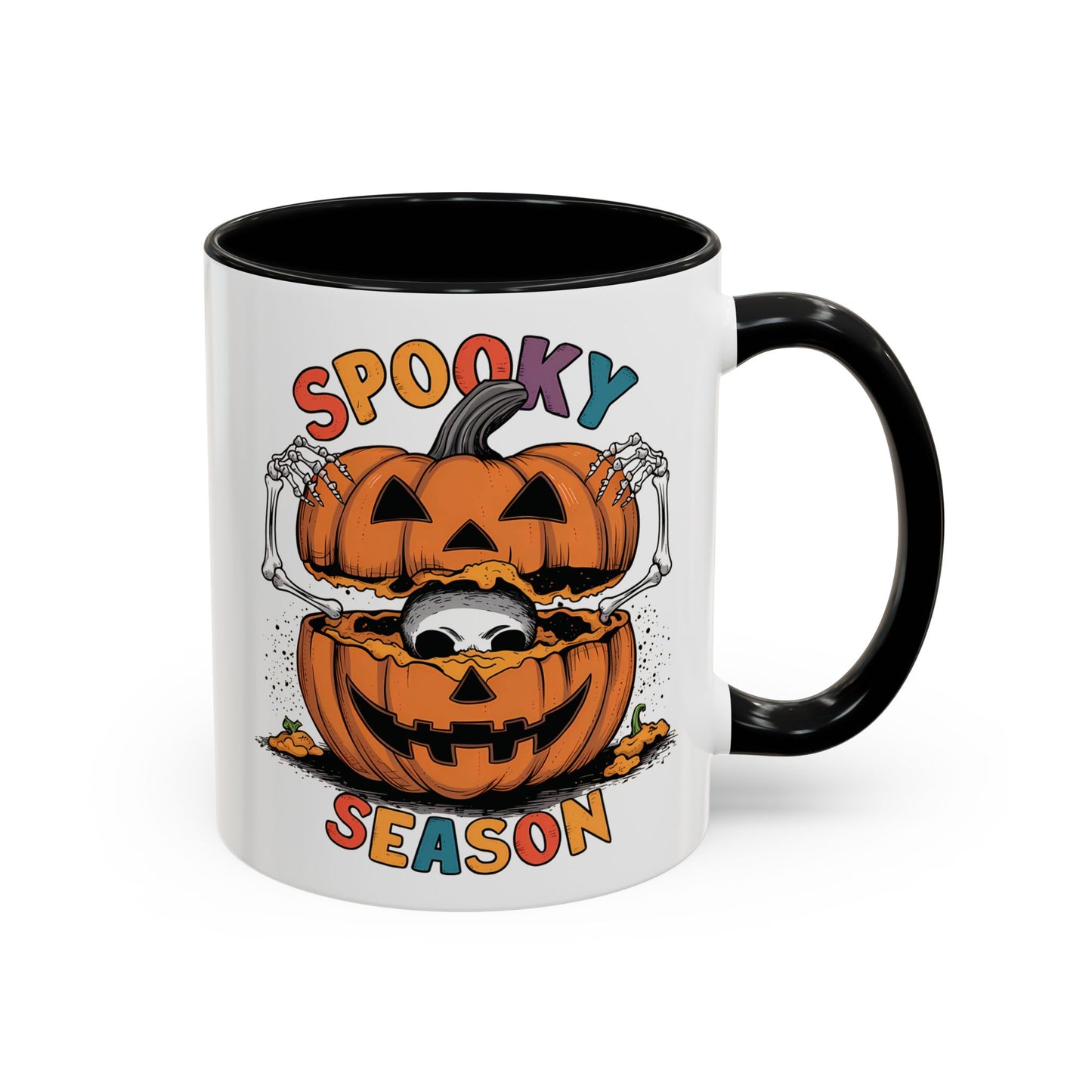 Spooky Season Halloween Mug | 11oz and 15oz Ceramic Coffee Cup | Skeleton in Pumpkin Design