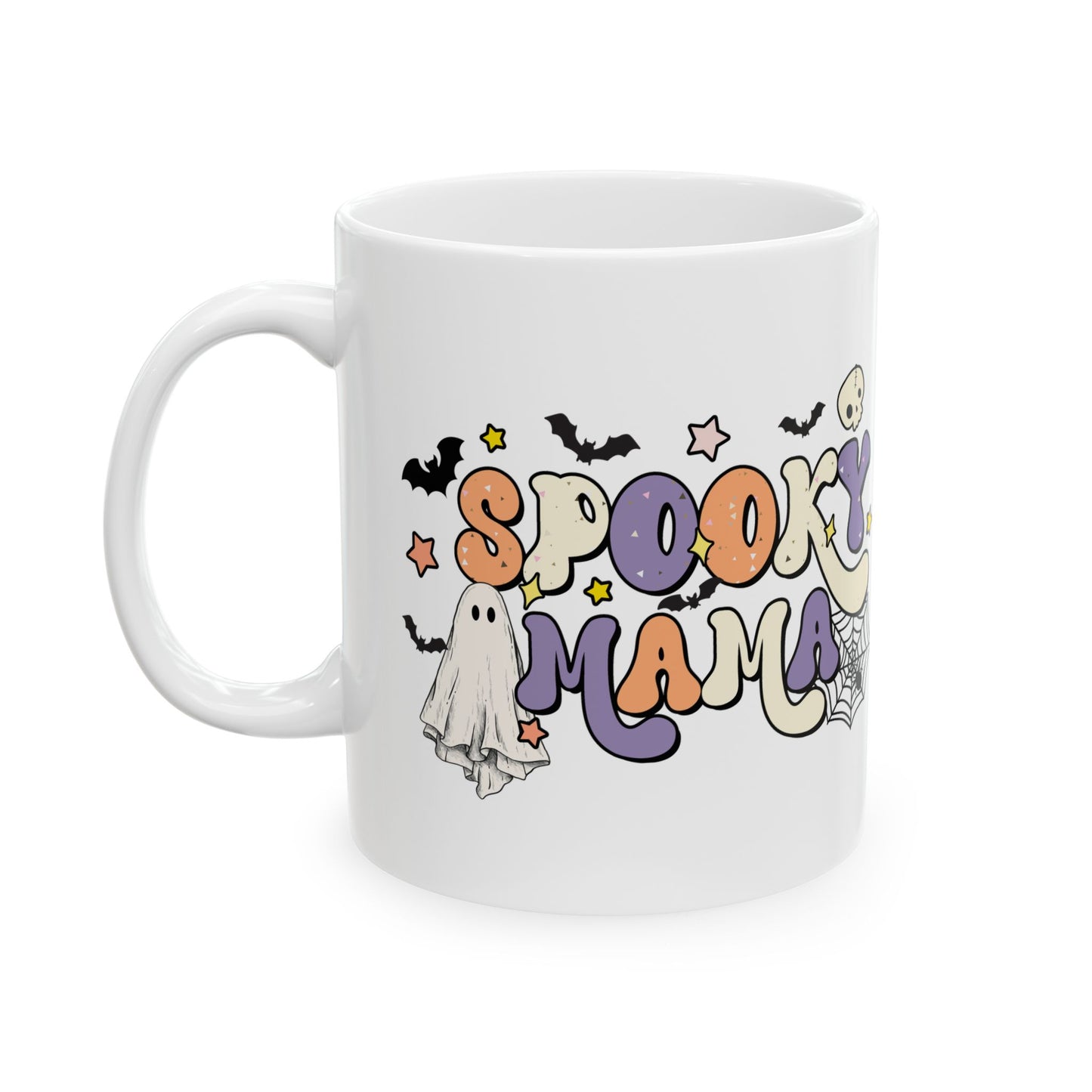 Spooky Mama Halloween Mug - Cute Ghost Coffee Mug - White Ceramic Cup with Spooky Mama Design - Fun Gift for Moms