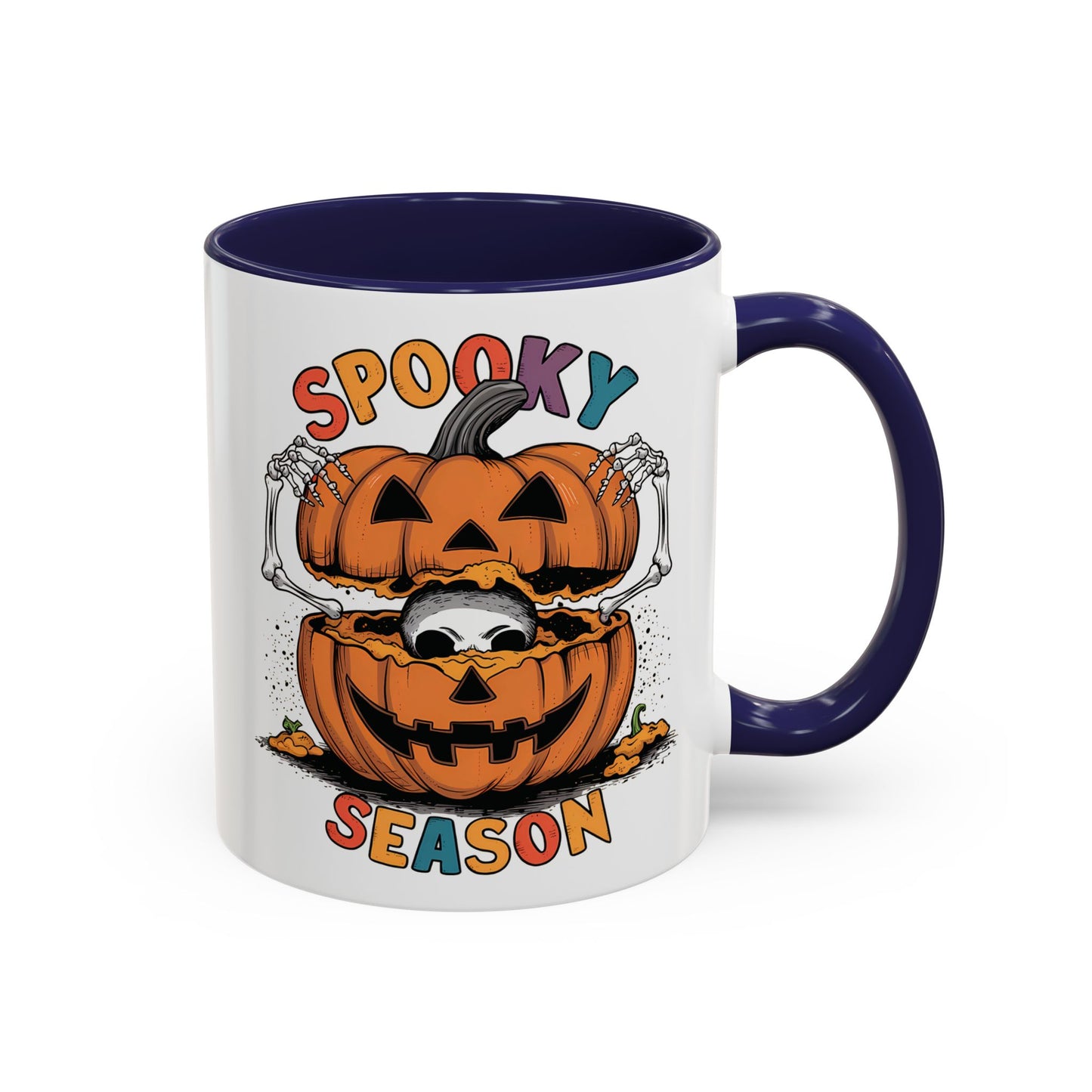 Spooky Season Halloween Mug | 11oz and 15oz Ceramic Coffee Cup | Skeleton in Pumpkin Design