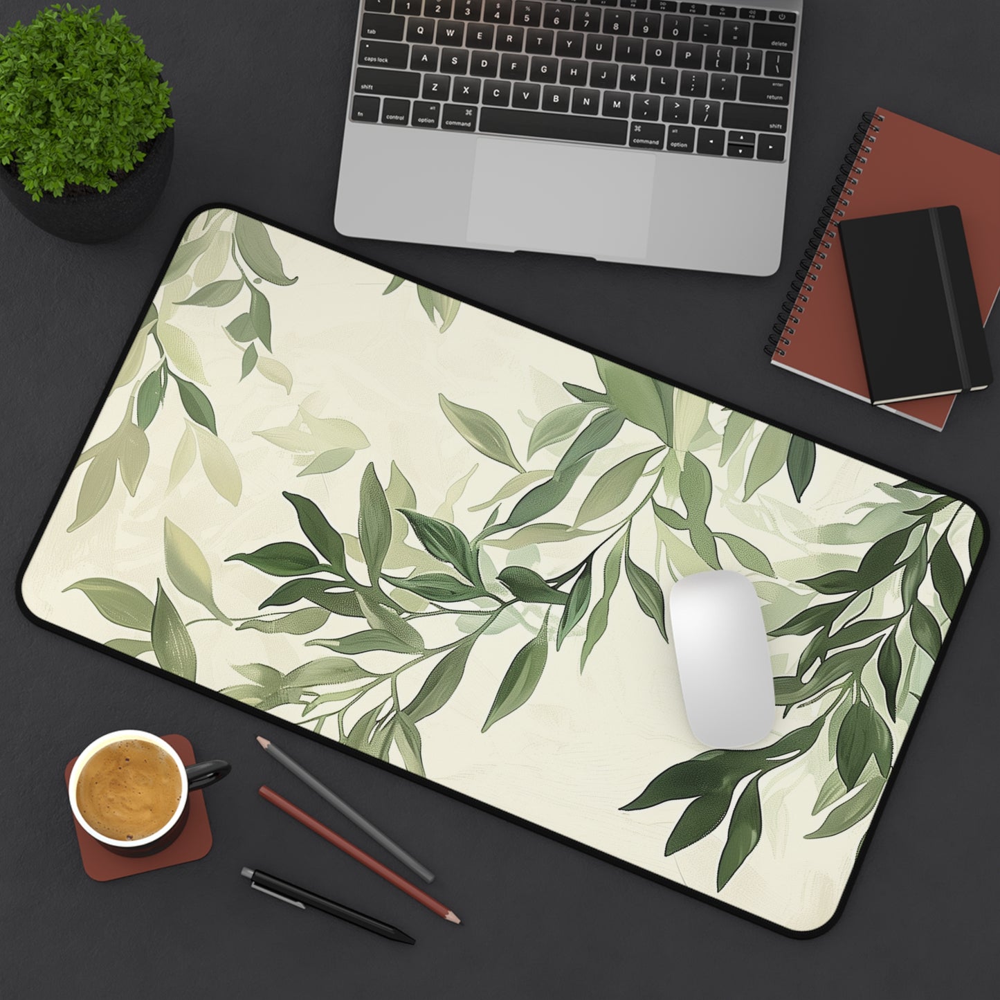 Green Leaves Computer Desk Mat | Botanical Mouse Pad | Anti-Slip Neoprene Desk Mat for Home Office | 3 Sizes Available