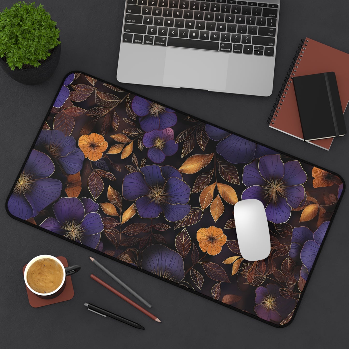 Midnight Blossom Computer Desk Mat | Floral Mouse Pad | Anti-Slip Neoprene Desk Mat for Home Office | 3 Sizes Available