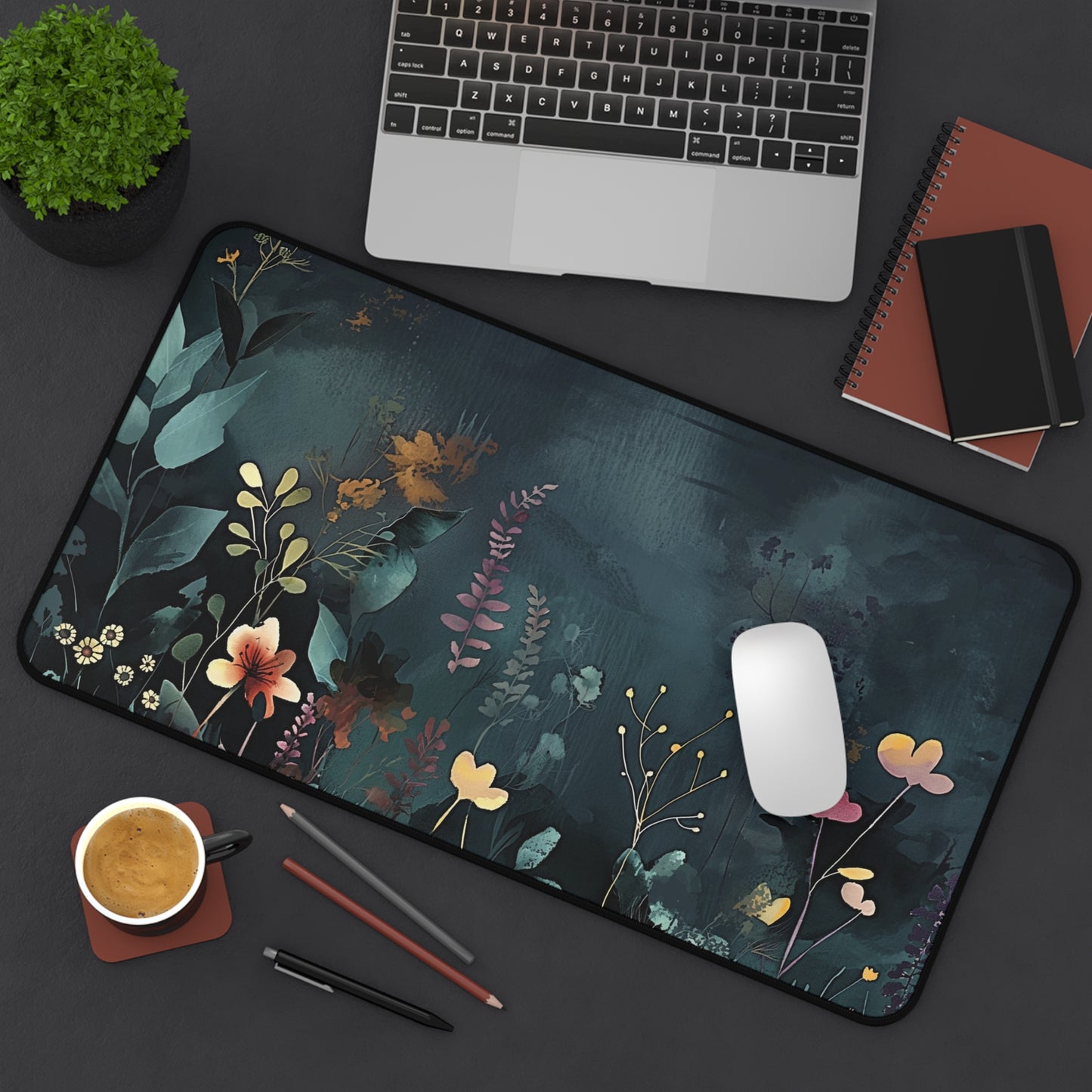 Night Garden Computer Desk Mat | Dark Floral Mouse Pad | Anti-Slip Neoprene Desk Mat for Home Office | 3 Sizes Available