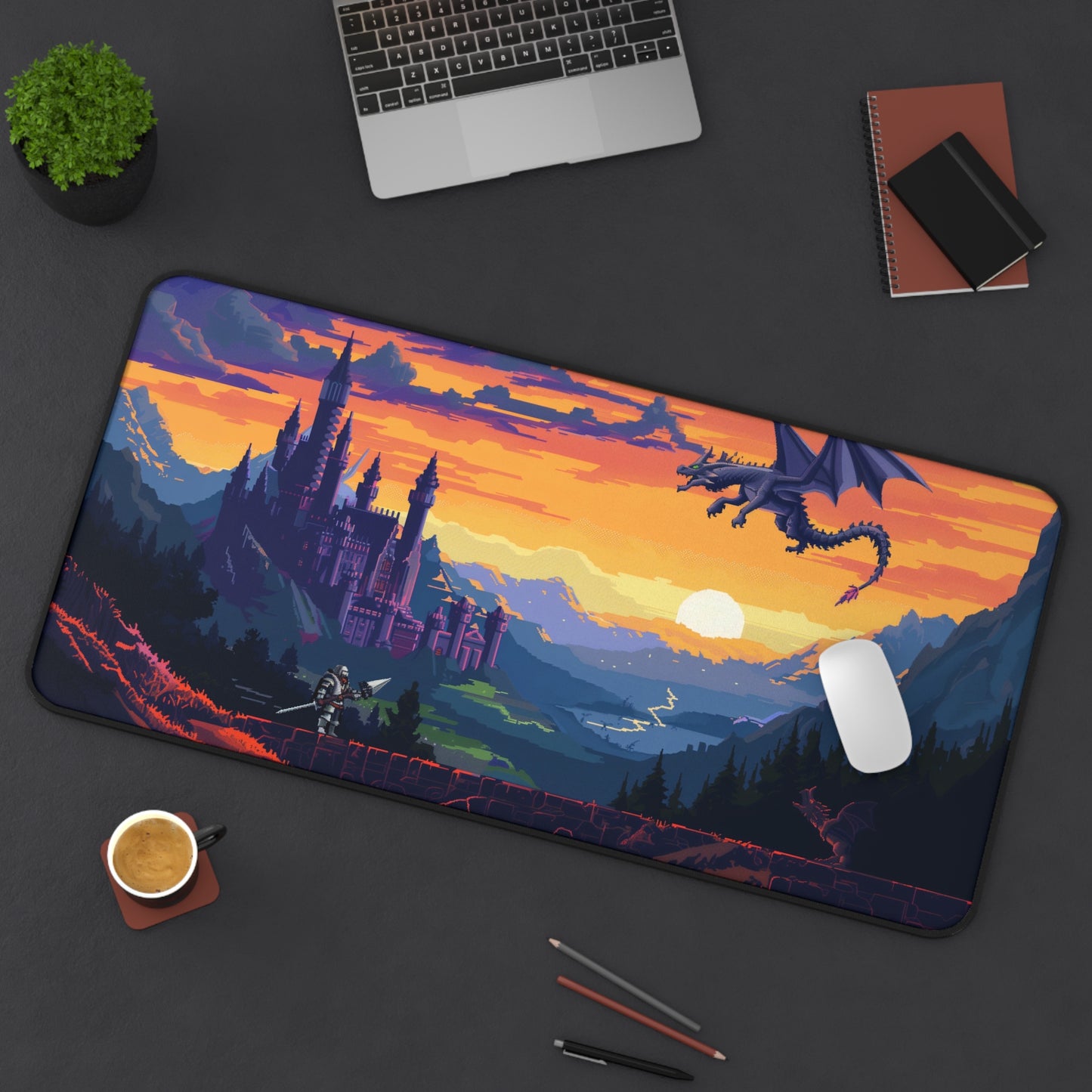 Epic Fantasy Realm Computer Desk Mat | Dragon and Castle Mouse Pad | Anti-Slip Neoprene Desk Mat for Home Office | 3 Sizes Available