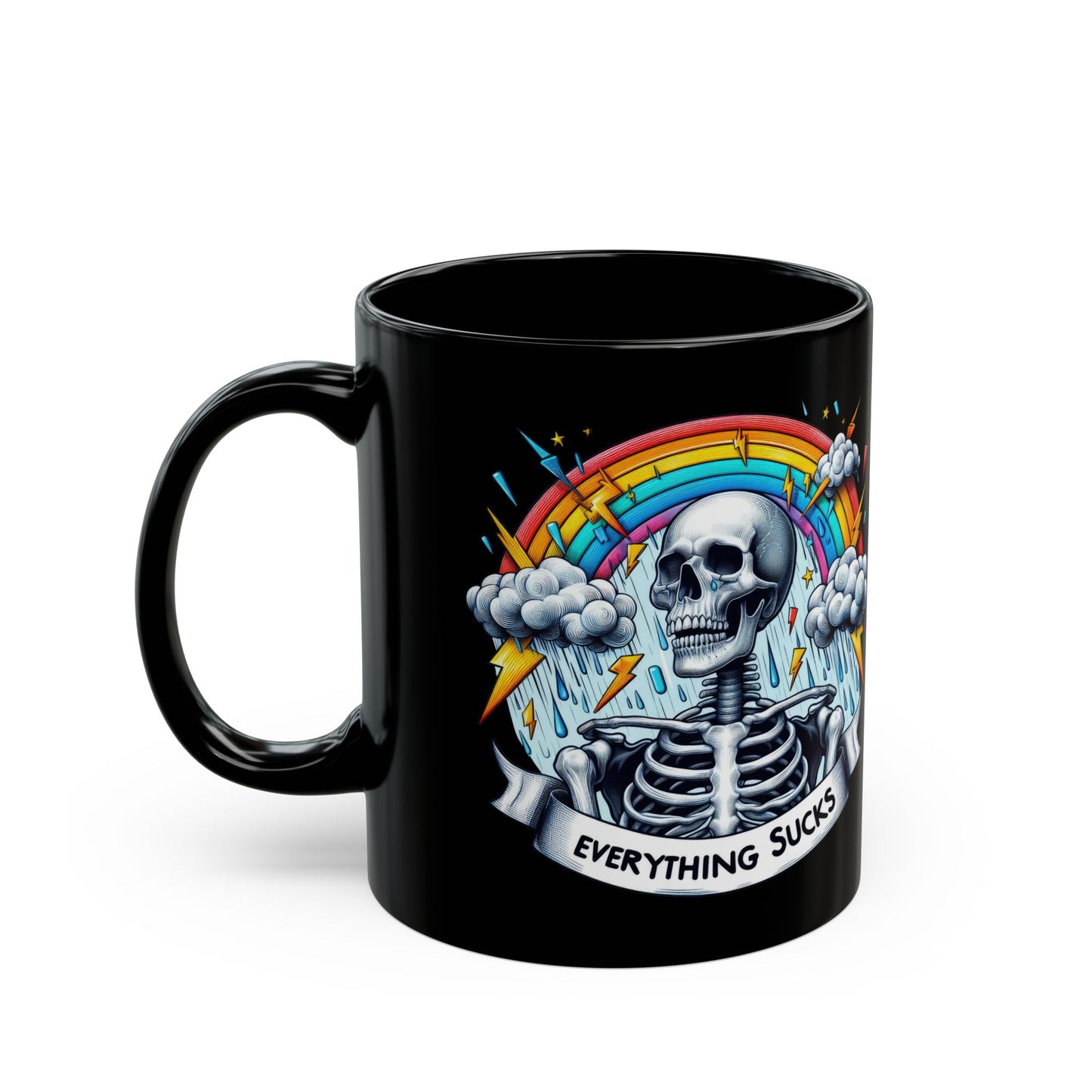 Everything Sucks Skeleton Mug | Dark Humor Rainbow Coffee Cup | Sarcastic Gothic Gift