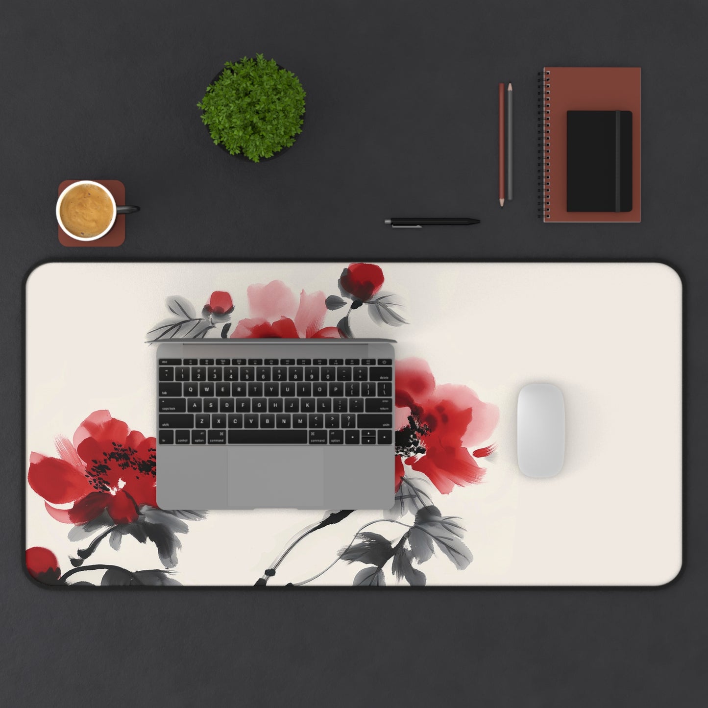 Red Blossoms Desk Mat | Elegant Floral Anti-Slip | 3 Sizes | Office Decor