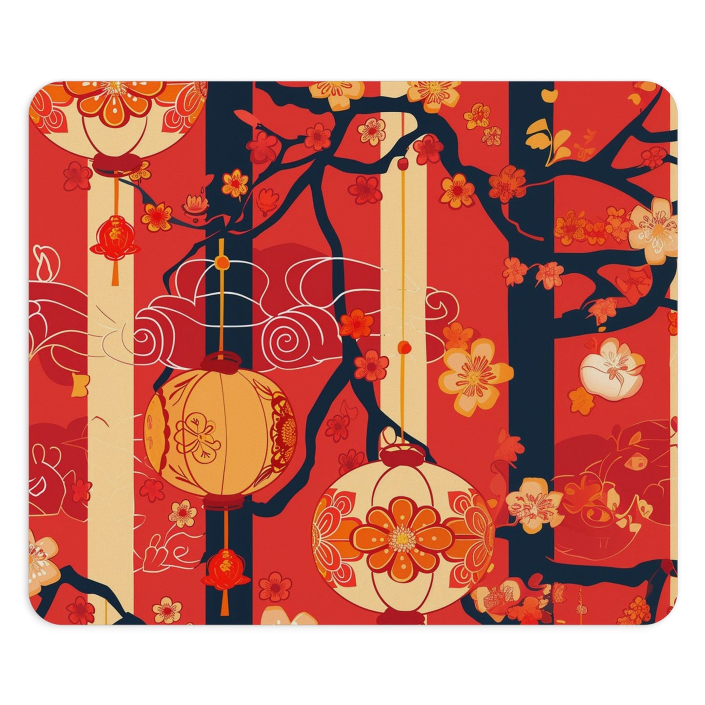 Oriental Lantern Blossom Design Personalized Mouse Pad - Custom Round or Rectangle Neoprene Mousepad with Non-Slip Rubber Bottom