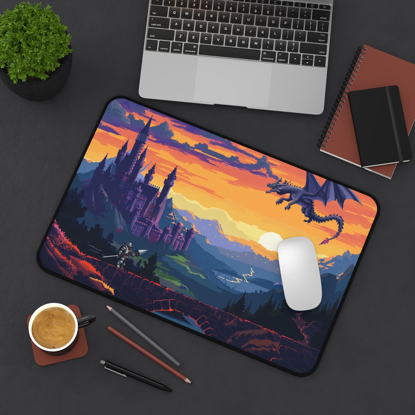 Epic Fantasy Realm Computer Desk Mat | Dragon and Castle Mouse Pad | Anti-Slip Neoprene Desk Mat for Home Office | 3 Sizes Available