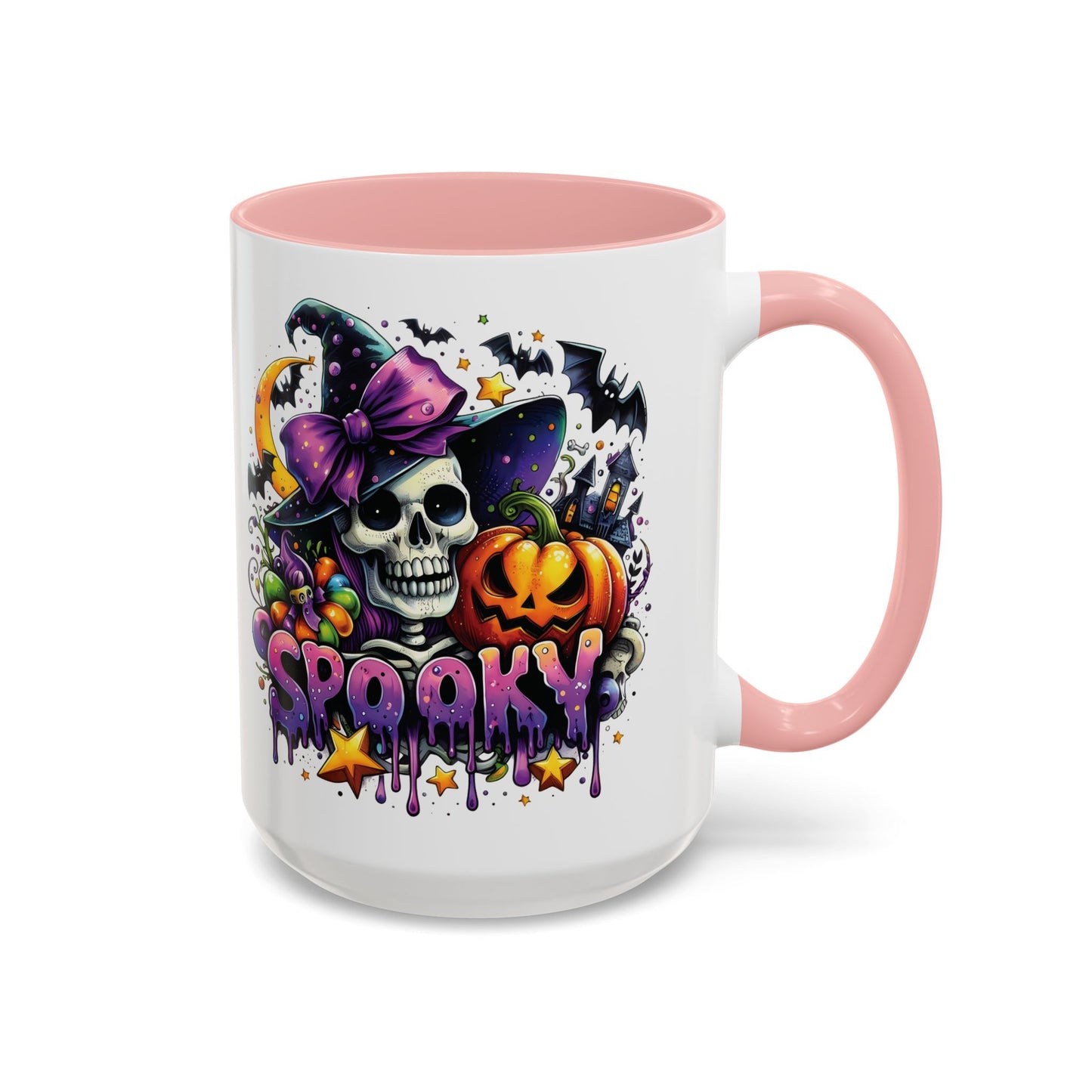 Spooky Halloween Skull Mug | Colorful Witch Hat and Pumpkin Design | 11oz and 15oz Ceramic Coffee Cup