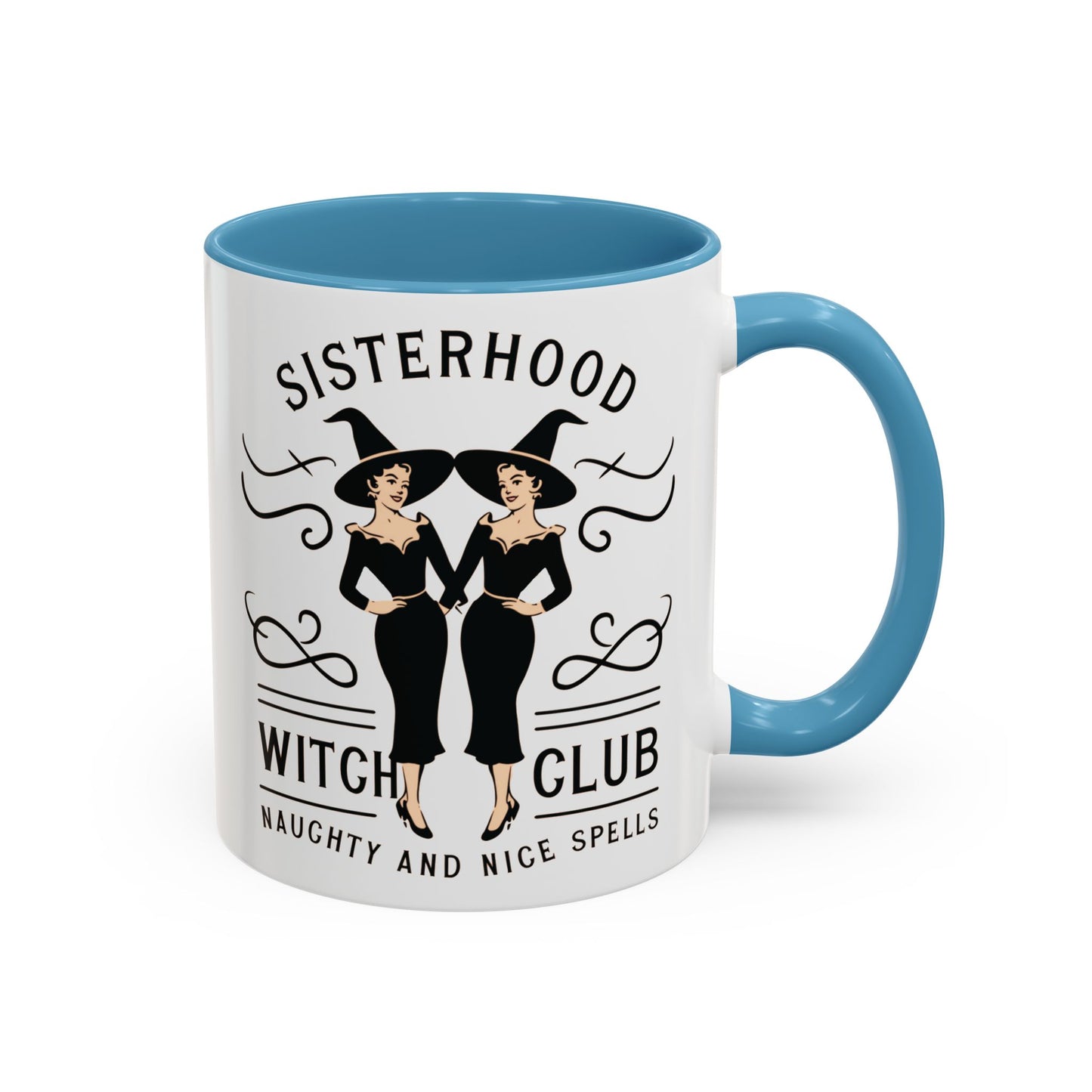 Sisterhood Witch Club Mug | Vintage Witch Design | Halloween Coffee Mug | Naughty and Nice Spells | Witchy Drinkware