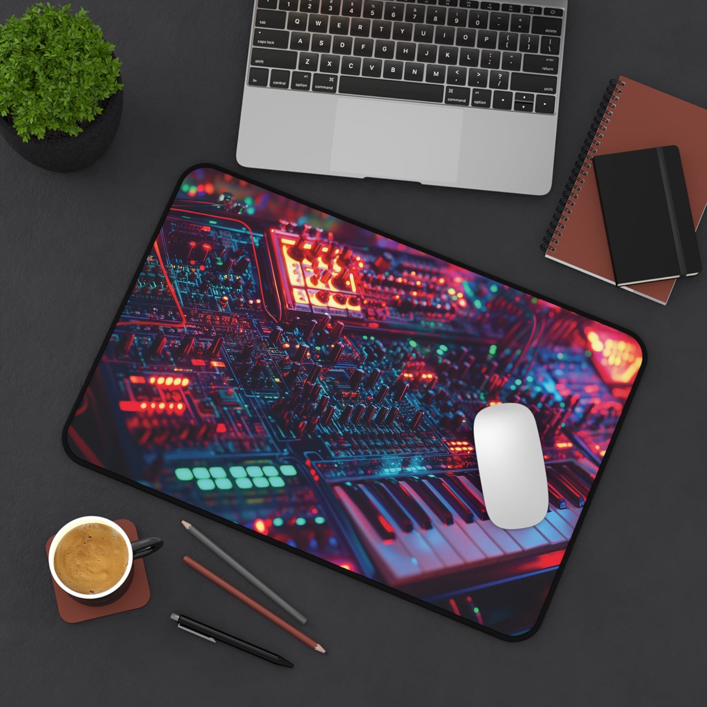 Synthwave Desk Mat | Neoprene | Anti-Slip | Retro Synthesizer Glow Design | Office & Gaming Decor | 3 Sizes