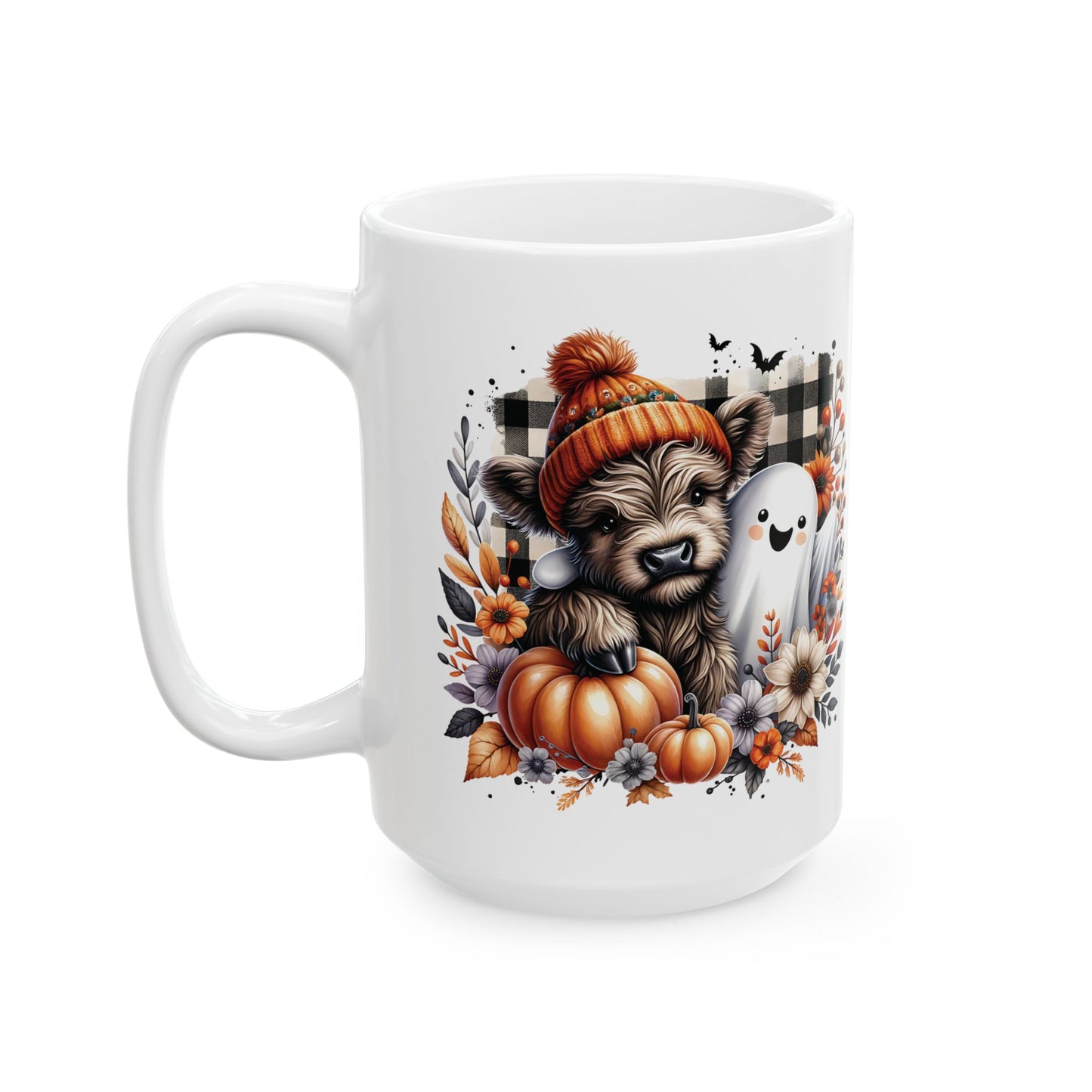 Cozy Fall Highland Cow and Ghost Ceramic Mug - Adorable Autumn Cow and Pumpkin Design - Perfect for Fall and Halloween Lovers