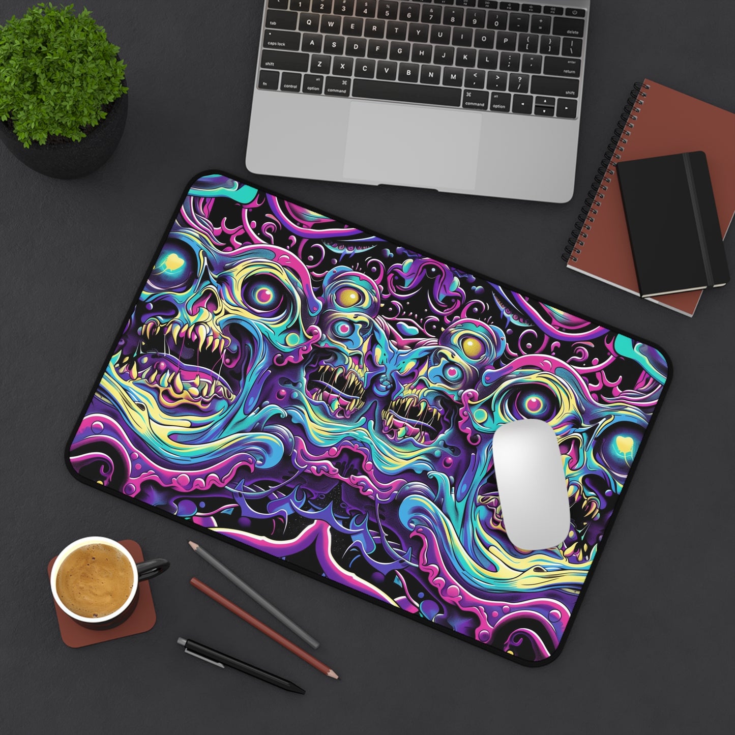 Psychedelic Skull Art Desk Mat - Customizable Neoprene Anti-Slip Mouse Pad - Vibrant Office Decor - Available in 3 Sizes