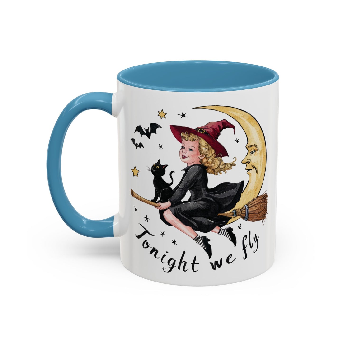 Tonight We Fly Halloween Witch Mug | Vintage Witch and Cat on Broomstick Design | Perfect Halloween Coffee Mug