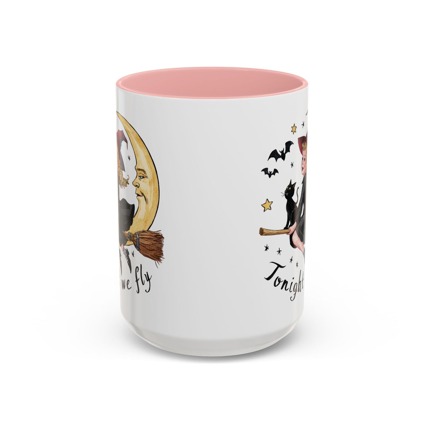 Tonight We Fly Halloween Witch Mug | Vintage Witch and Cat on Broomstick Design | Perfect Halloween Coffee Mug