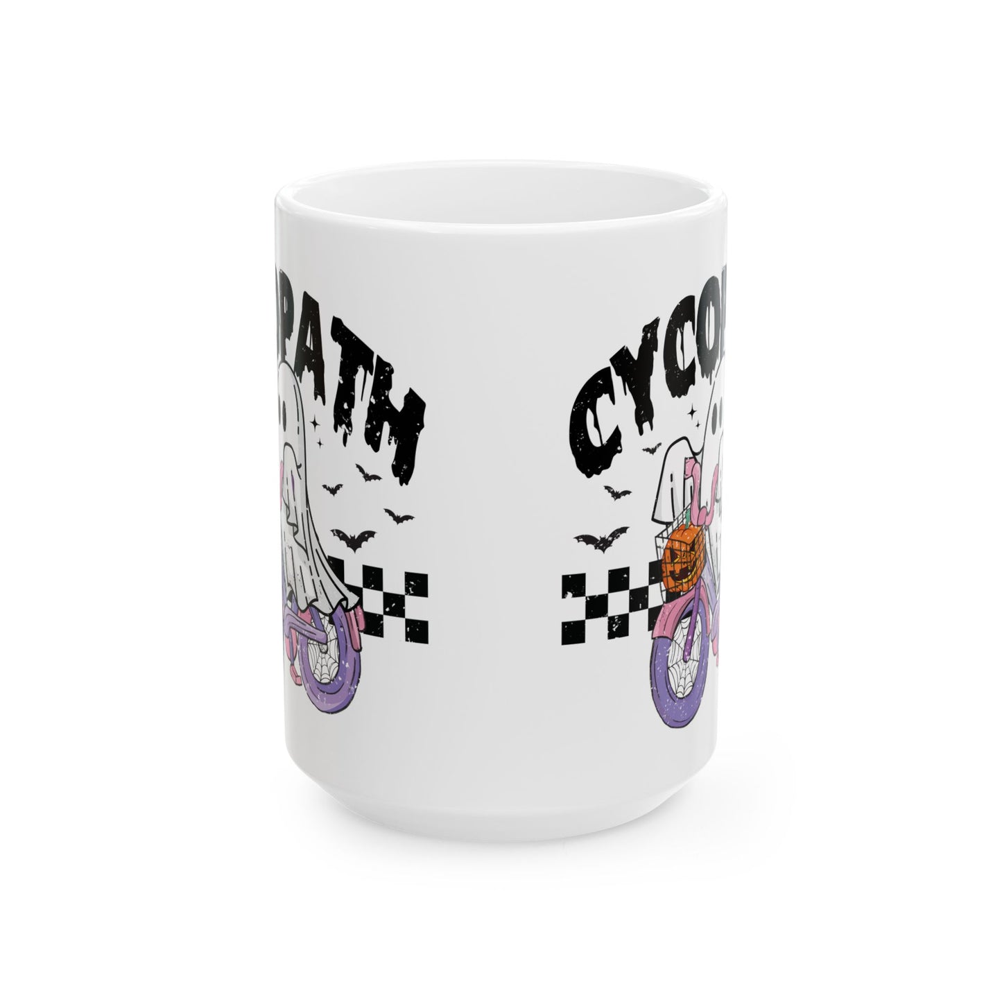 Cycopath Ghost Halloween Mug - White Ceramic Coffee Cup with Funny Ghost Biker Design - Perfect Spooky Gift - 11oz & 15oz