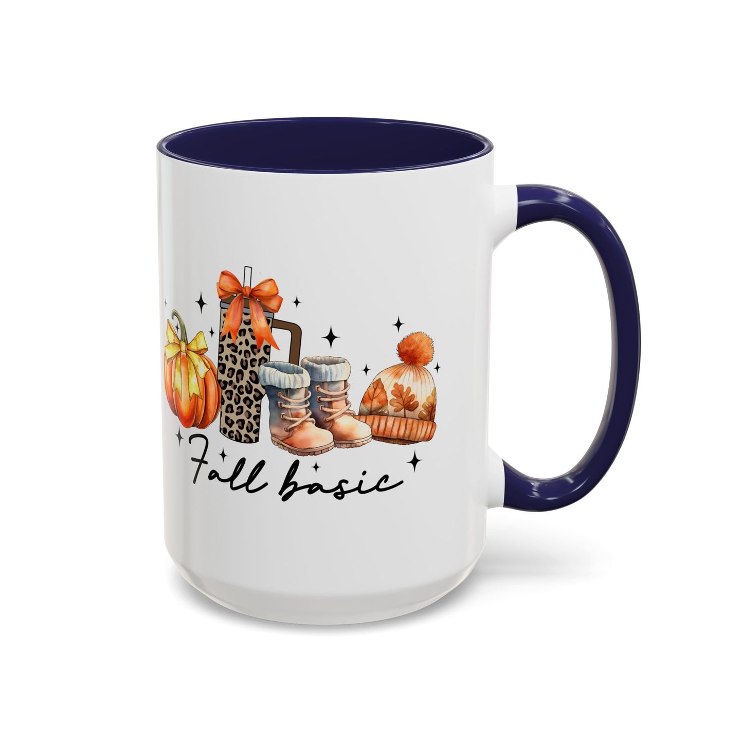 Fall Basic Autumn Mug | 11oz/15oz Ceramic Coffee Cup | Cozy Fall Essentials Design | Pink, Red, Black, Light Blue, or Navy Handle & Interior