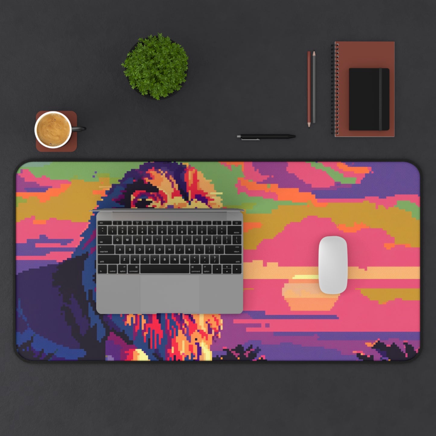 Pixel Art Lion Computer Desk Mat | Vibrant Sunset Mouse Pad | Anti-Slip Neoprene Desk Mat for Home Office | 3 Sizes Available