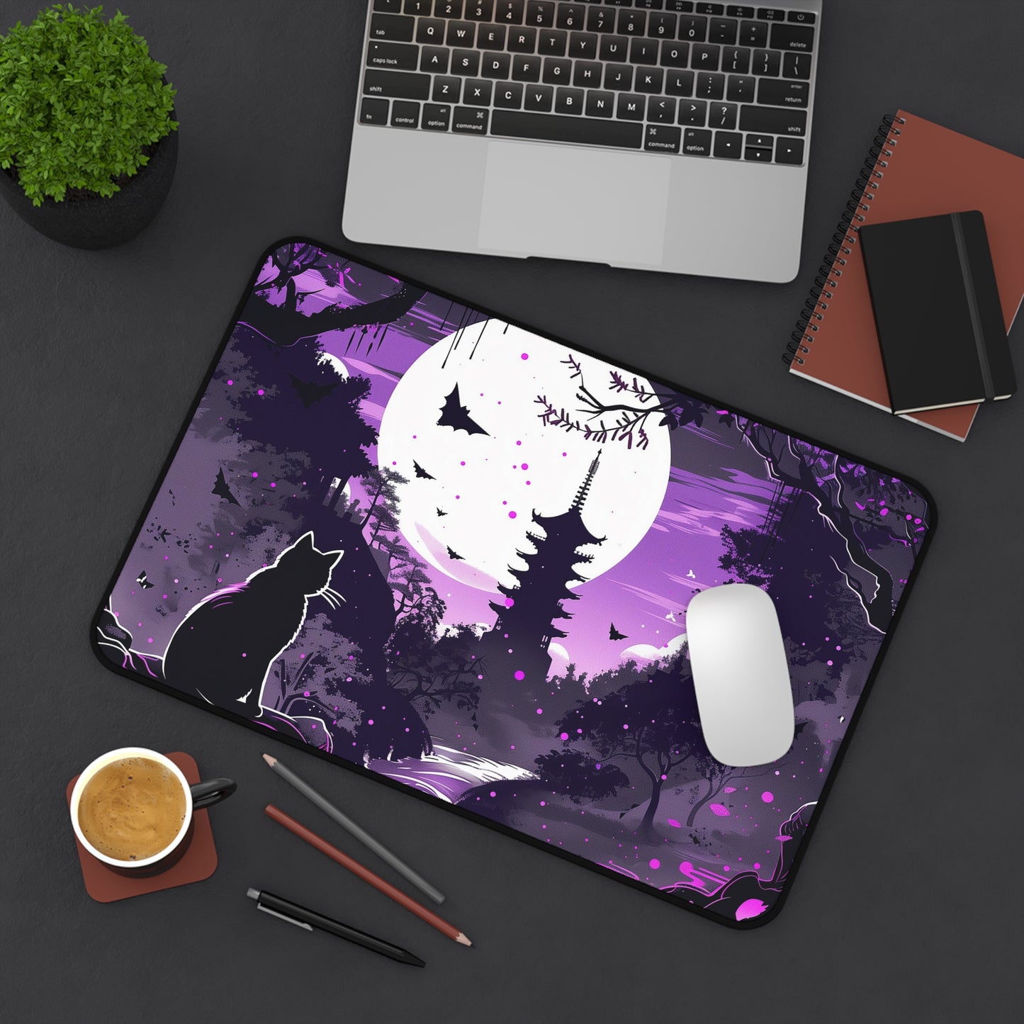 Mystical Night Computer Desk Mat | Cat and Pagoda Moonlight Mouse Pad | Anti-Slip Neoprene Desk Mat for Home Office | 3 Sizes Available