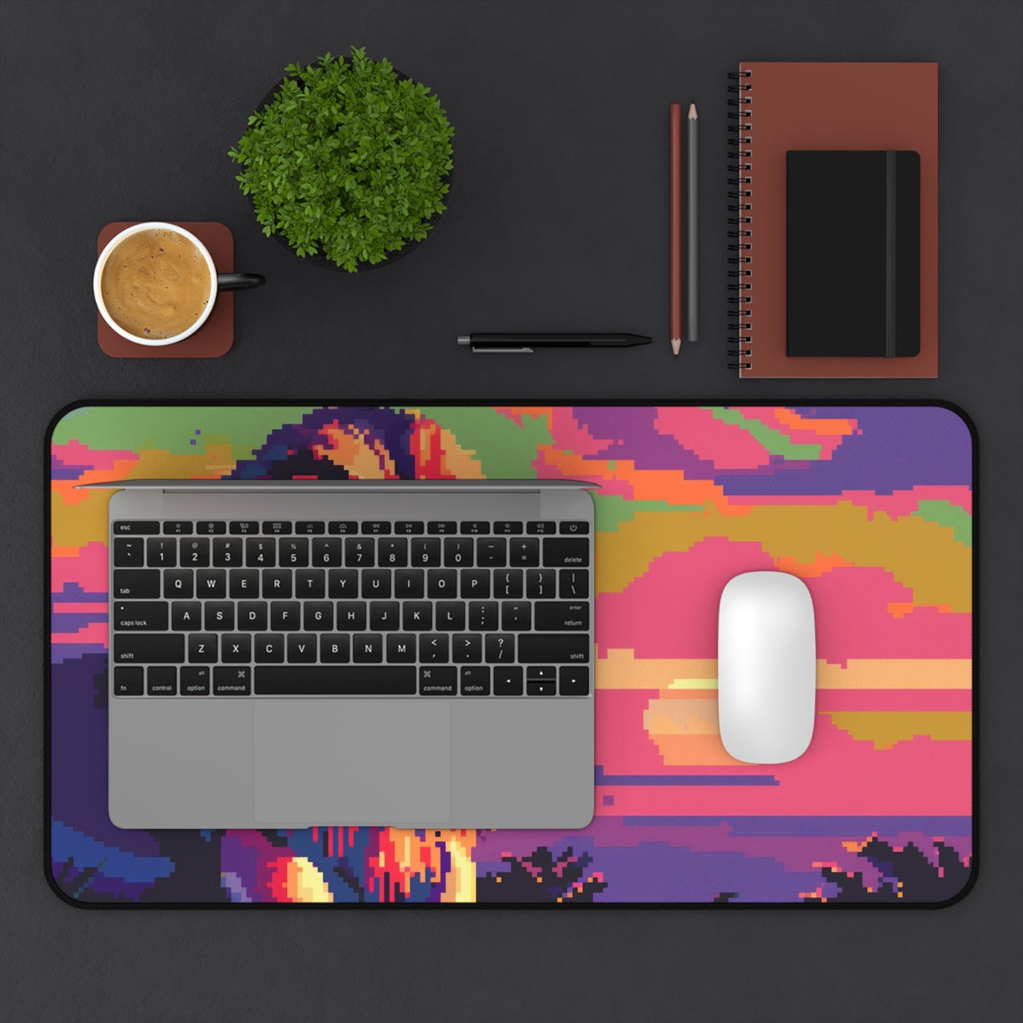 Pixel Art Lion Computer Desk Mat | Vibrant Sunset Mouse Pad | Anti-Slip Neoprene Desk Mat for Home Office | 3 Sizes Available