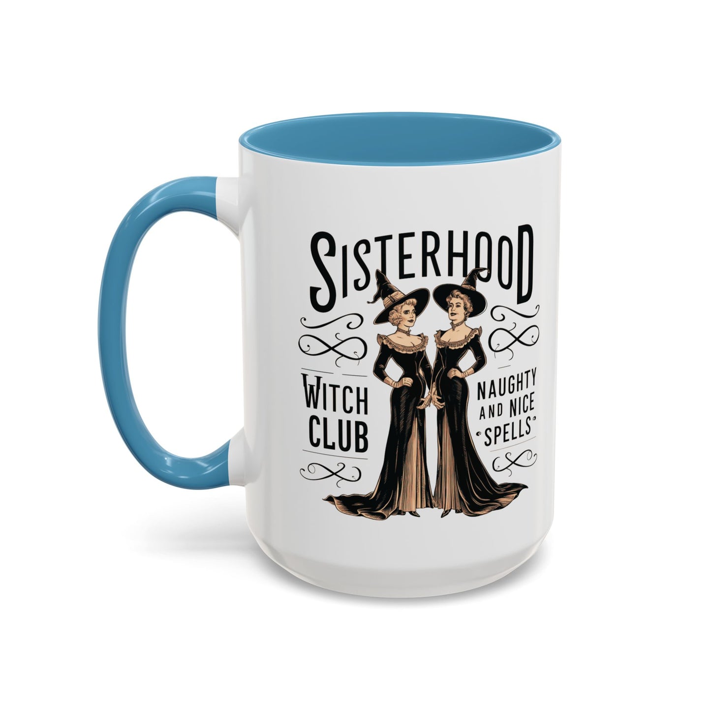 Sisterhood Witch Club Mug | Vintage Witch Design | Halloween Coffee Mug | Naughty & Nice Spells | Witchy Drinkware