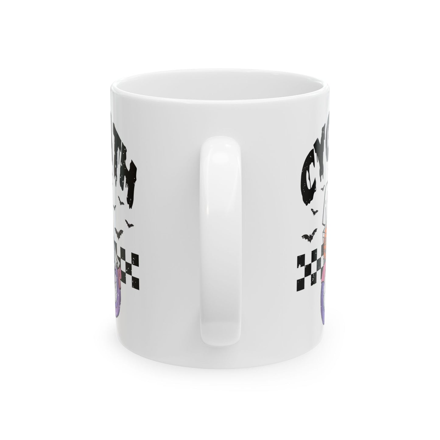 Cycopath Ghost Halloween Mug - White Ceramic Coffee Cup with Funny Ghost Biker Design - Perfect Spooky Gift - 11oz & 15oz