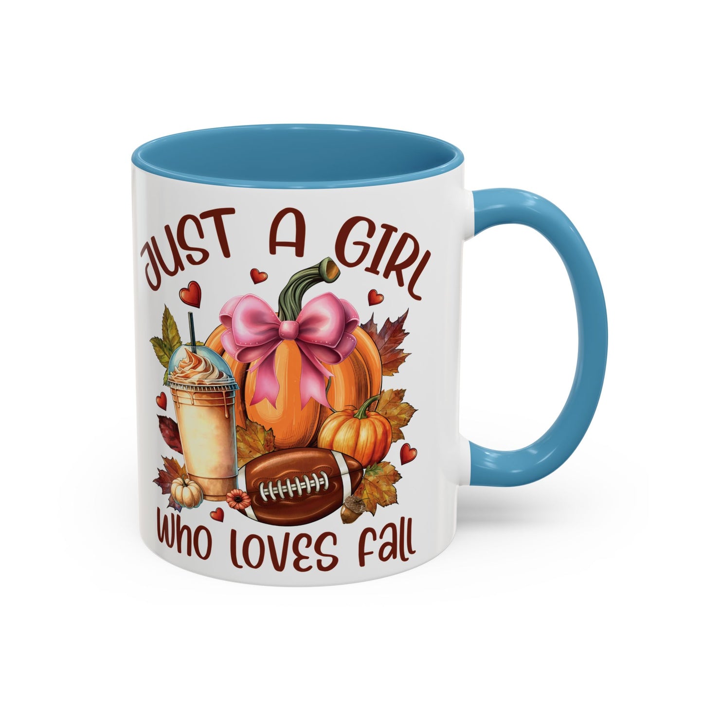 Just a Girl Who Loves Fall Mug | 11oz and 15oz Ceramic Coffee Cup | Autumn, Pumpkin, and Football Design