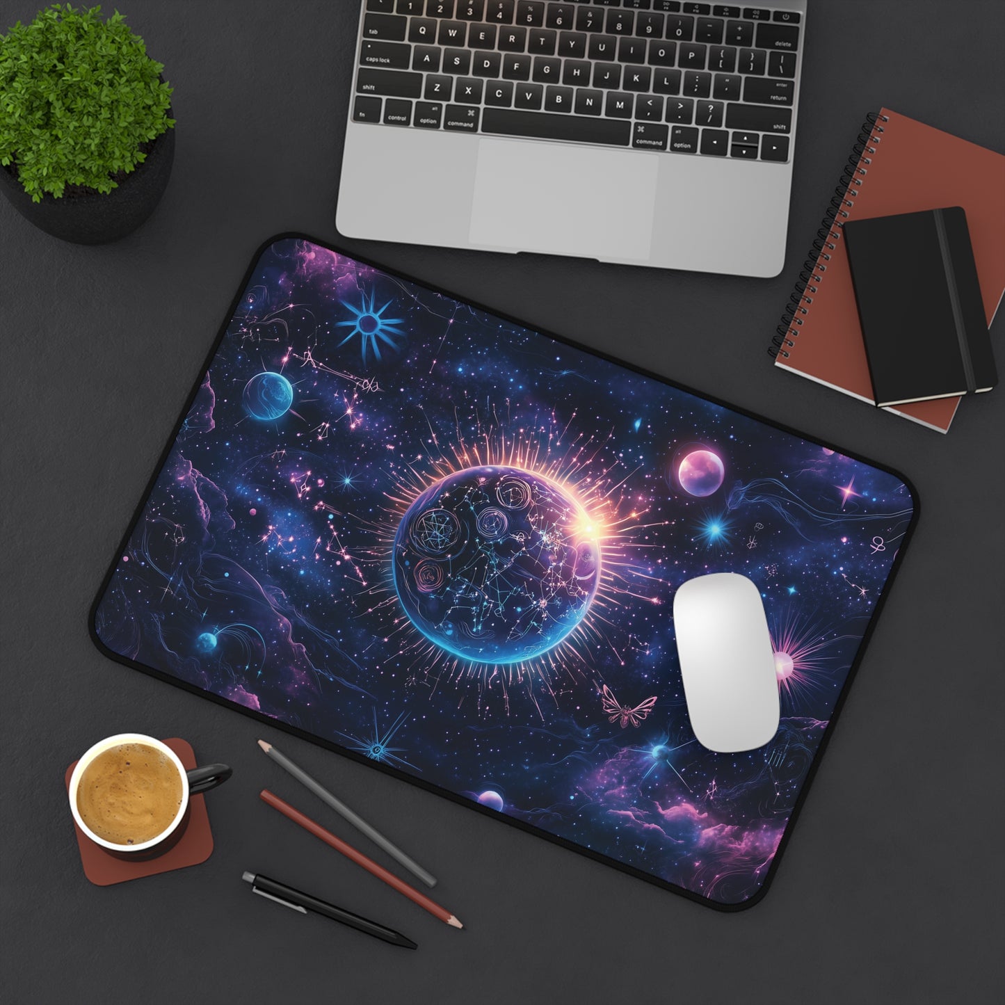 Cosmic Earth Desk Mat | Neoprene | Anti-Slip | Vibrant Galaxy & Constellation Design | Office Gaming Decor | 3 Sizes