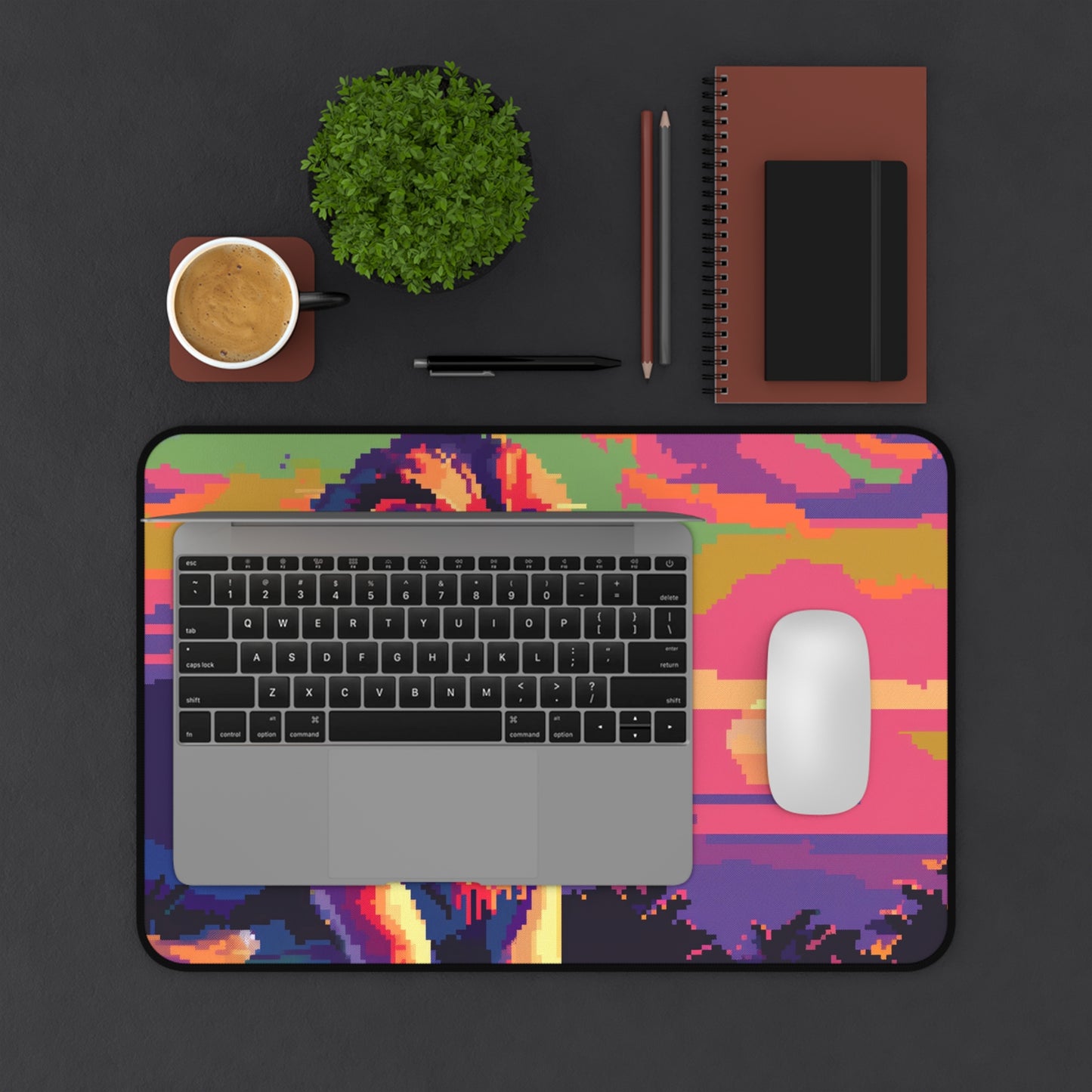 Pixel Art Lion Computer Desk Mat | Vibrant Sunset Mouse Pad | Anti-Slip Neoprene Desk Mat for Home Office | 3 Sizes Available