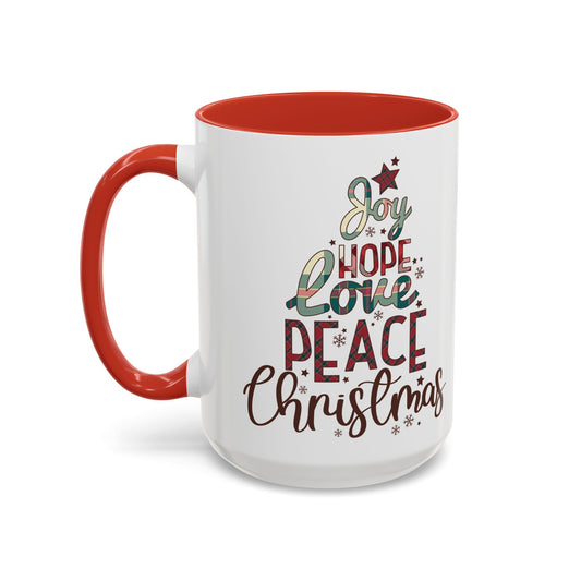 Joy Hope Love Peace Christmas Mug | Festive Holiday Plaid Design | Christmas Tree Word Art Coffee Mug