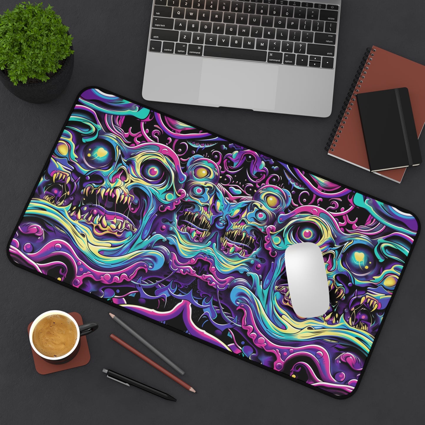 Psychedelic Skull Art Desk Mat - Customizable Neoprene Anti-Slip Mouse Pad - Vibrant Office Decor - Available in 3 Sizes