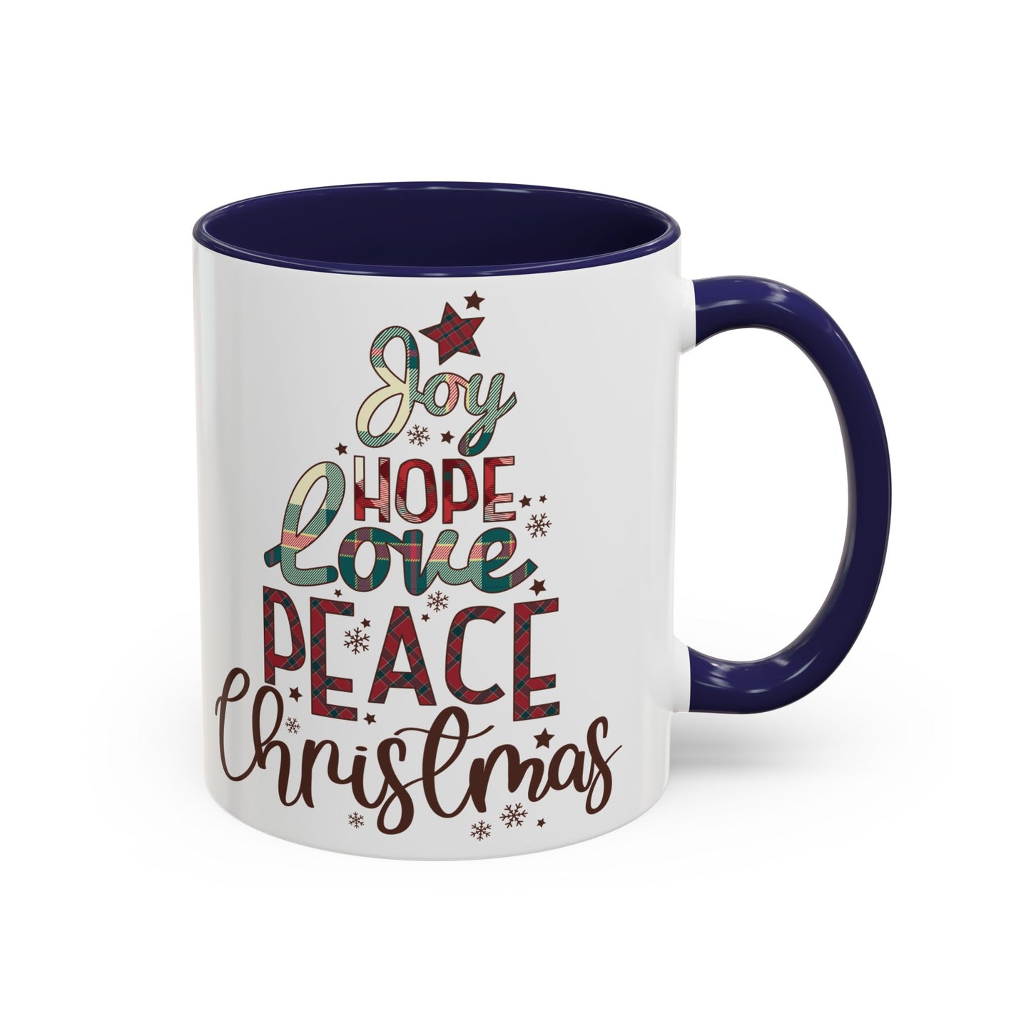 Joy Hope Love Peace Christmas Mug | Festive Holiday Plaid Design | Christmas Tree Word Art Coffee Mug