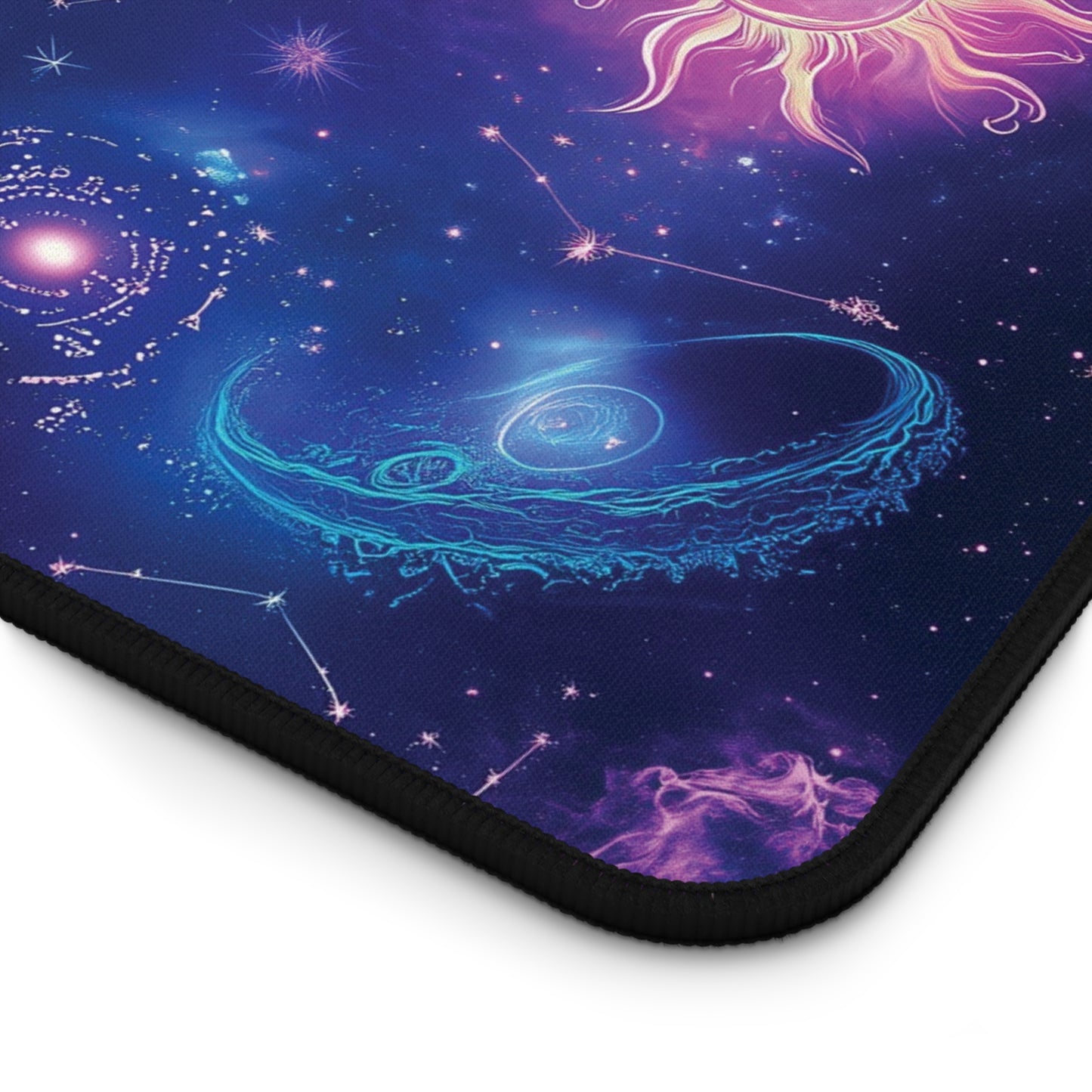 Mystic Sun & Moon Desk Mat | Neoprene | Anti-Slip | Vibrant Celestial Galaxy Design | Office Gaming Decor | 3 Sizes