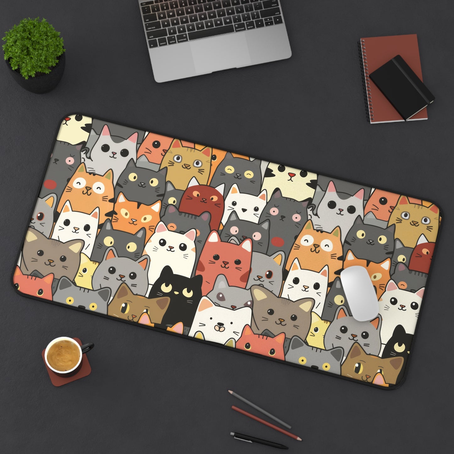 Cute Cat Desk Mat With Kittens - Customizable Neoprene Anti-Slip Mouse Pad - Whimsical Office Decor - Available in 3 Sizes