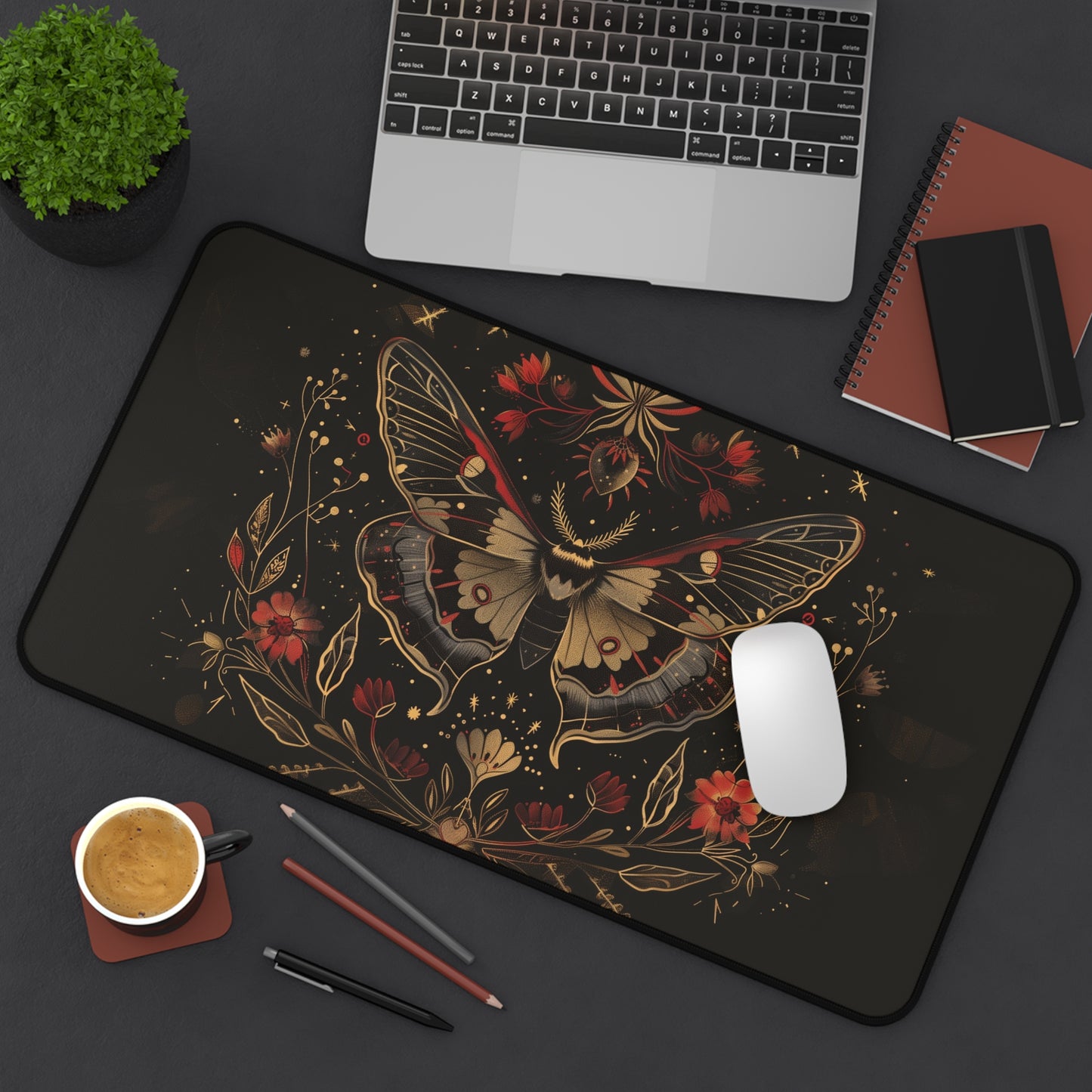 Mystical Moth Computer Desk Mat | Enchanted Floral Mouse Pad | Anti-Slip Neoprene Desk Mat for Home Office | 3 Sizes Available