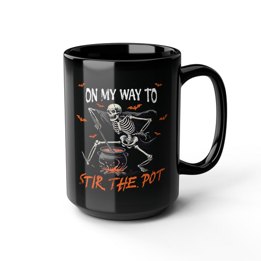 On My Way to Stir the Pot Ceramic Mug - Funny Skeleton Halloween Design - Perfect for Spooky Season