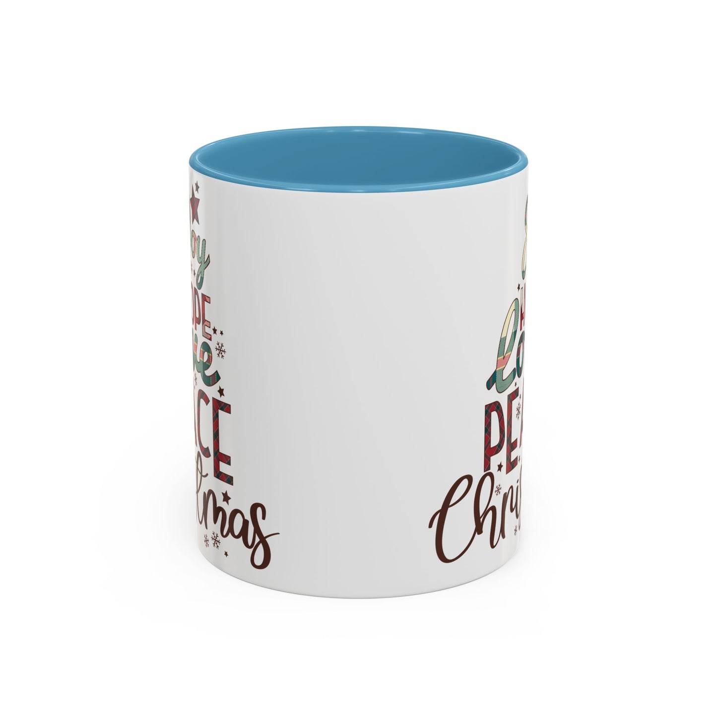 Joy Hope Love Peace Christmas Mug | Festive Holiday Plaid Design | Christmas Tree Word Art Coffee Mug