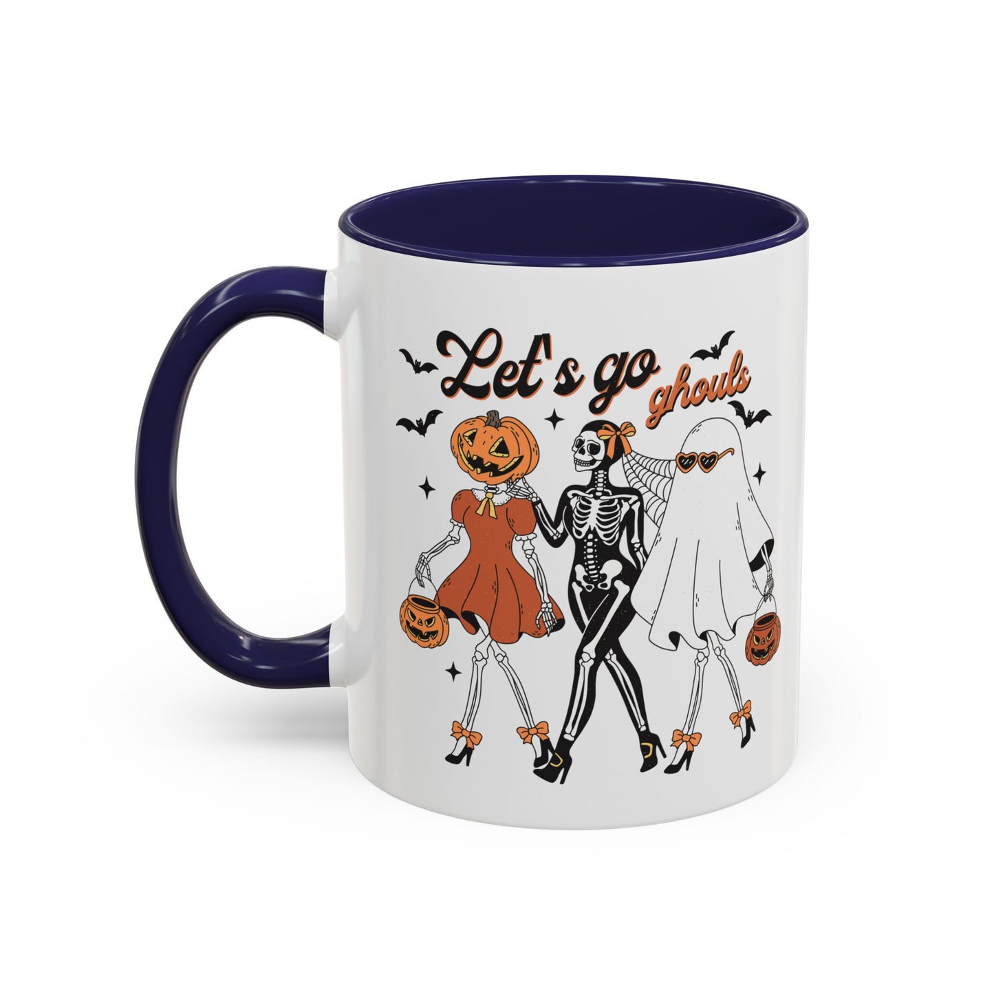 Lets Go Ghouls Halloween Mug | Skeleton, Ghost, and Pumpkin Friends Design | Spooky Coffee Mug | Fall Drinkware