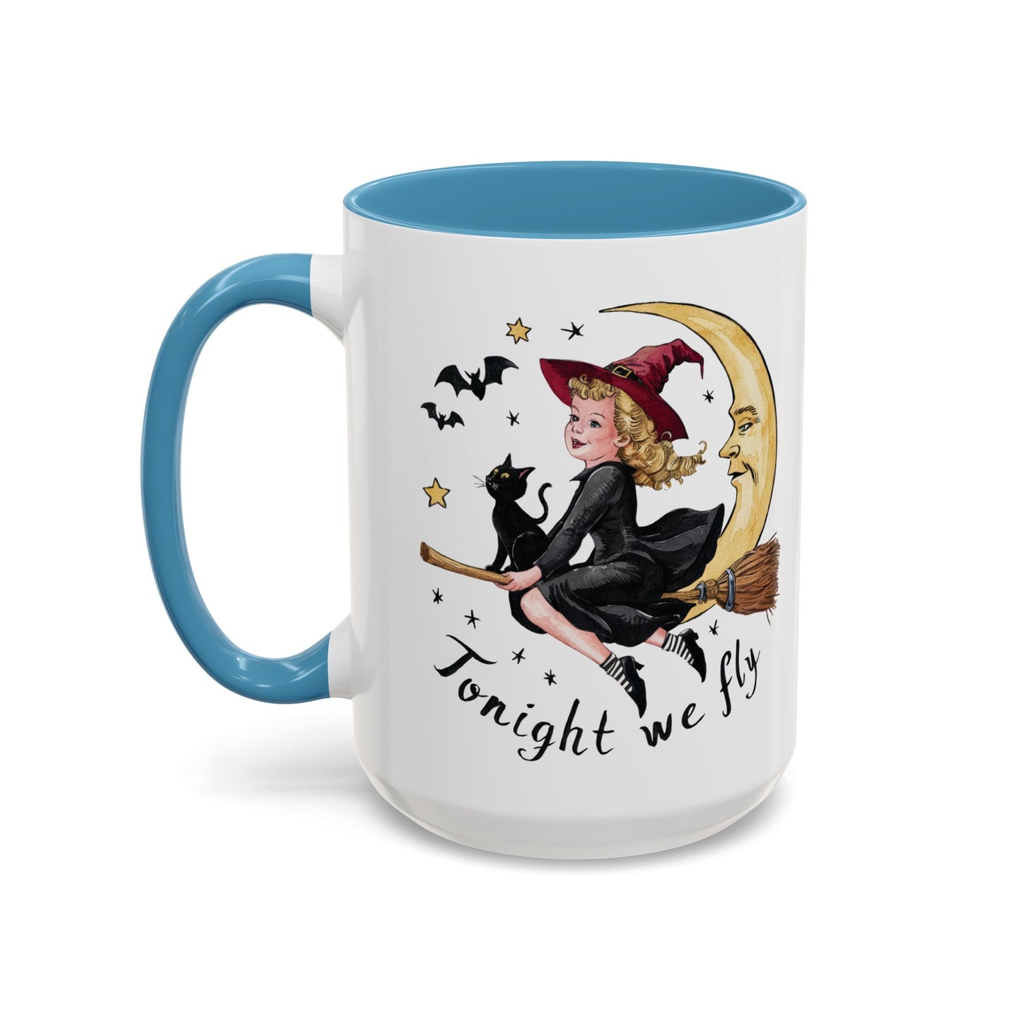 Tonight We Fly Halloween Witch Mug | Vintage Witch and Cat on Broomstick Design | Perfect Halloween Coffee Mug