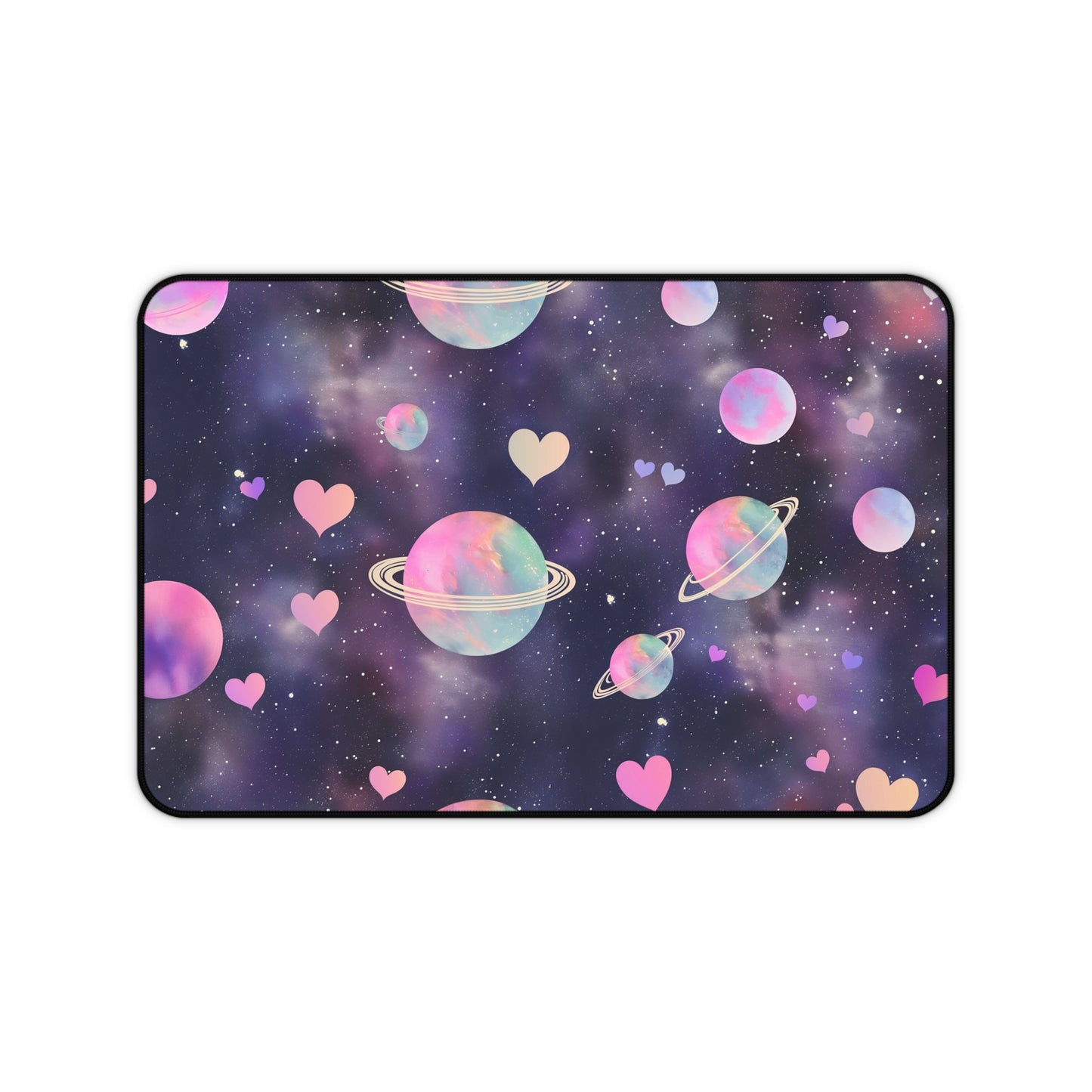 Cosmic Love Computer Desk Mat | Pastel Planets and Hearts Mouse Pad | Anti-Slip Neoprene Desk Mat for Home Office | 3 Sizes Available