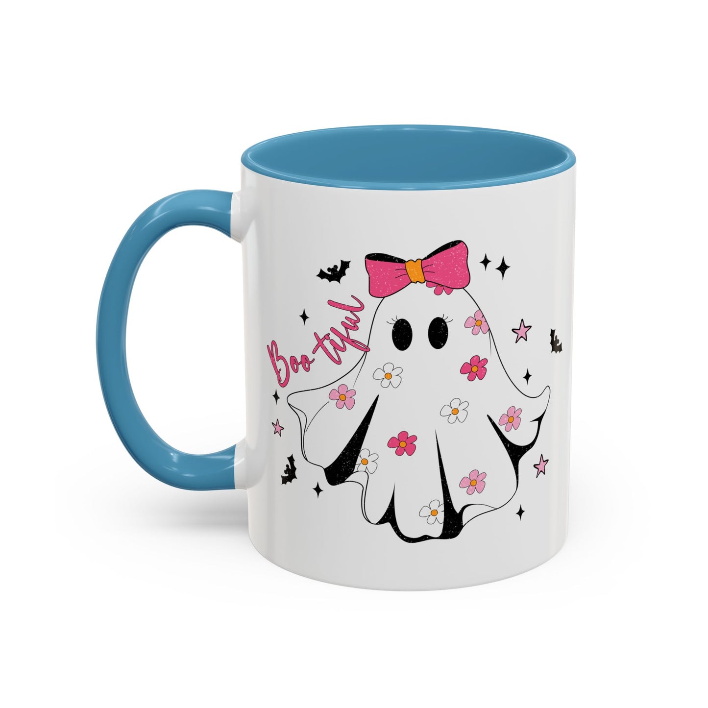 Boo-tiful Halloween Ghost Mug | 11oz and 15oz Coffee Cup | Cute Floral Design | Pink, Red, Black, Light Blue, or Navy Handle and Interior