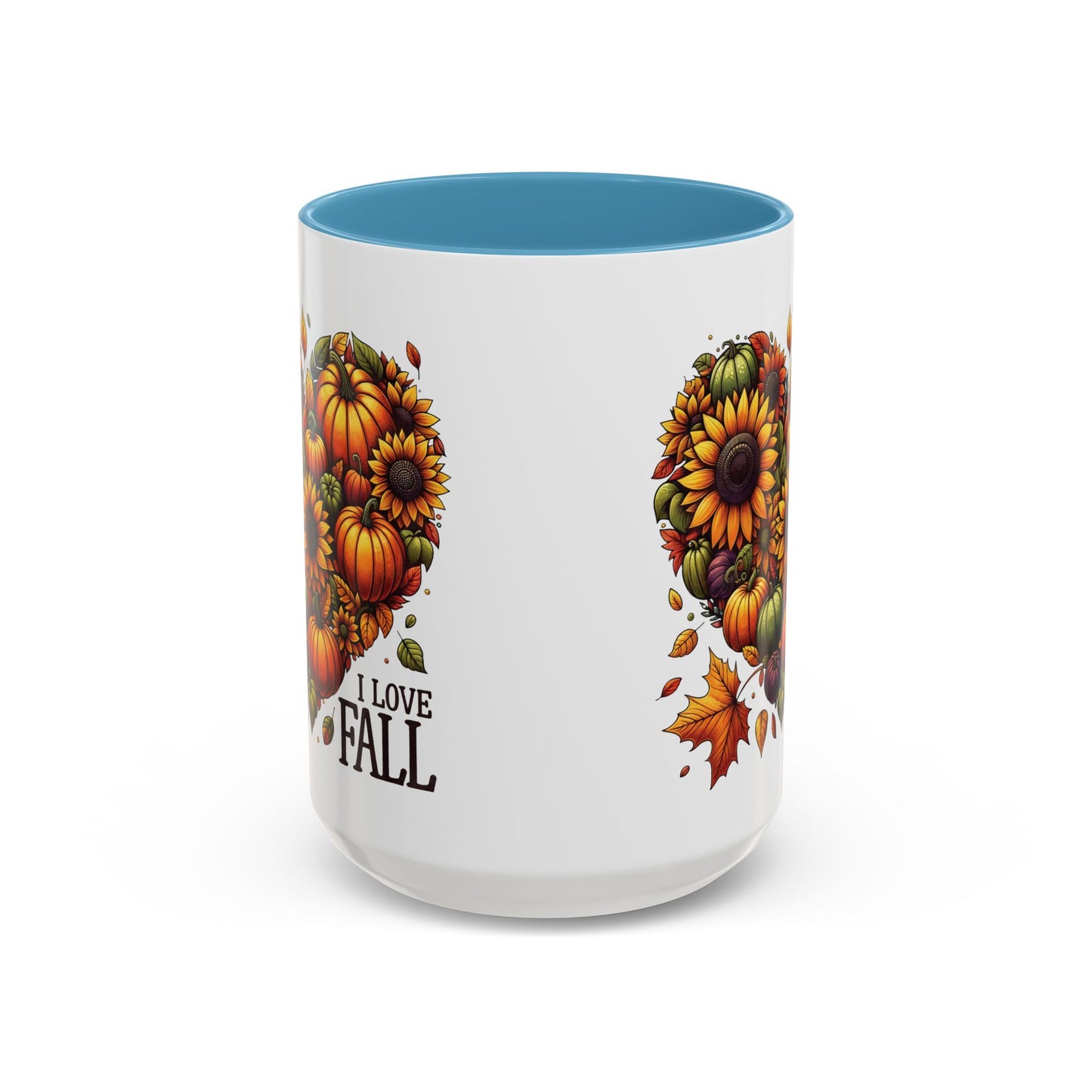 I Love Fall Autumn Mug | 11oz and 15oz Ceramic Coffee Cup | Sunflower and Pumpkin Heart Design