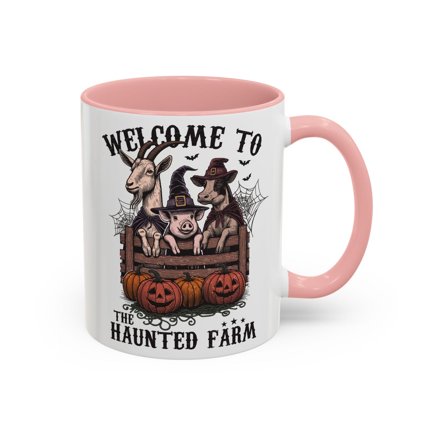 Welcome to the Haunted Farm Mug | Spooky Farm Animal Halloween Cup | Goat, Pig, and Cow in Witch Hats