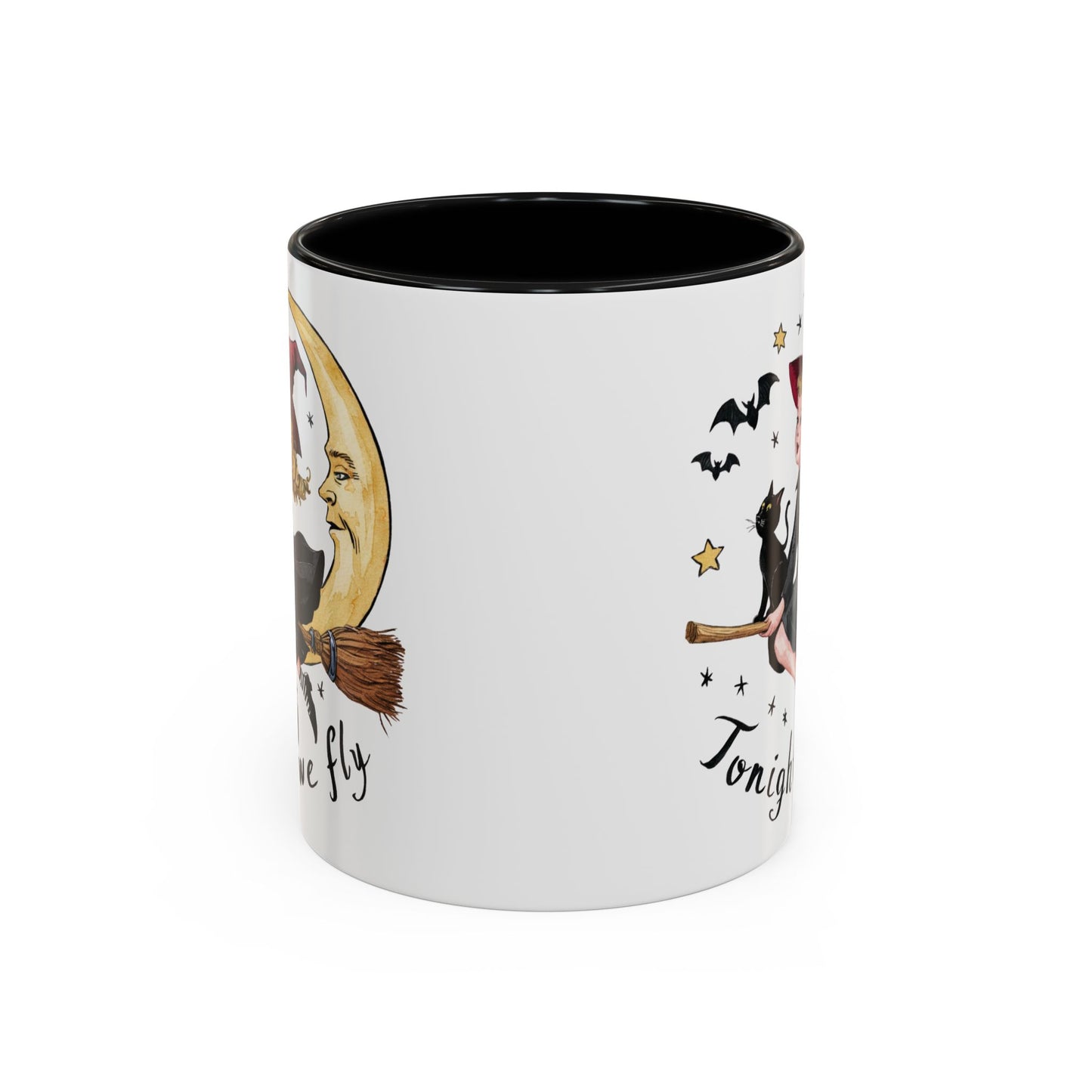 Tonight We Fly Halloween Witch Mug | Vintage Witch and Cat on Broomstick Design | Perfect Halloween Coffee Mug