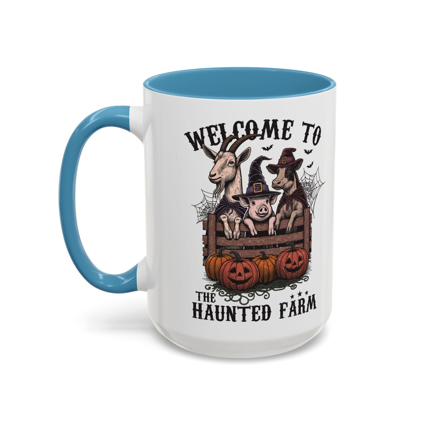 Welcome to the Haunted Farm Mug | Spooky Farm Animal Halloween Cup | Goat, Pig, and Cow in Witch Hats