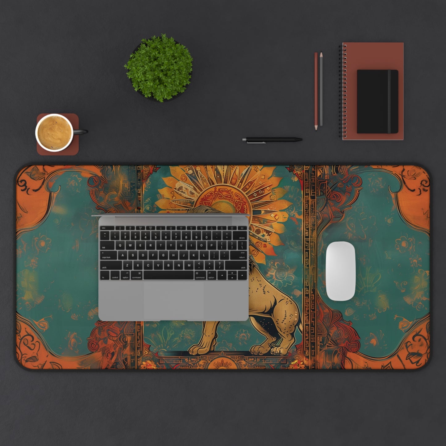 Regal Lion Desk Mat | Vintage Sunburst Design | Neoprene | Anti-Slip | 3 Sizes