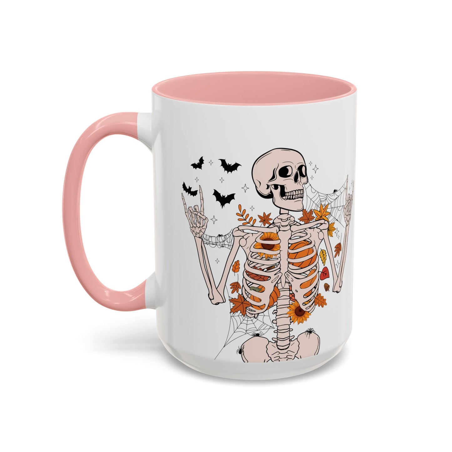 Spooky Skeleton Halloween Mug | 11oz and 15oz Ceramic Coffee Cup | Fall Leaves & Bats Design