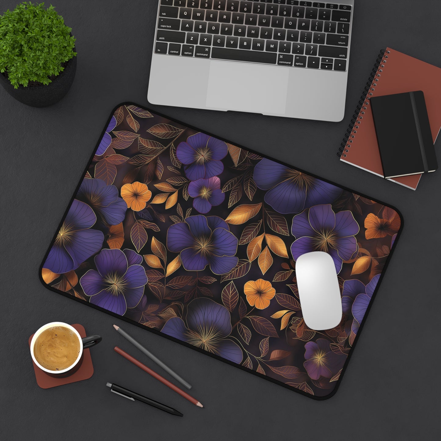 Midnight Blossom Computer Desk Mat | Floral Mouse Pad | Anti-Slip Neoprene Desk Mat for Home Office | 3 Sizes Available