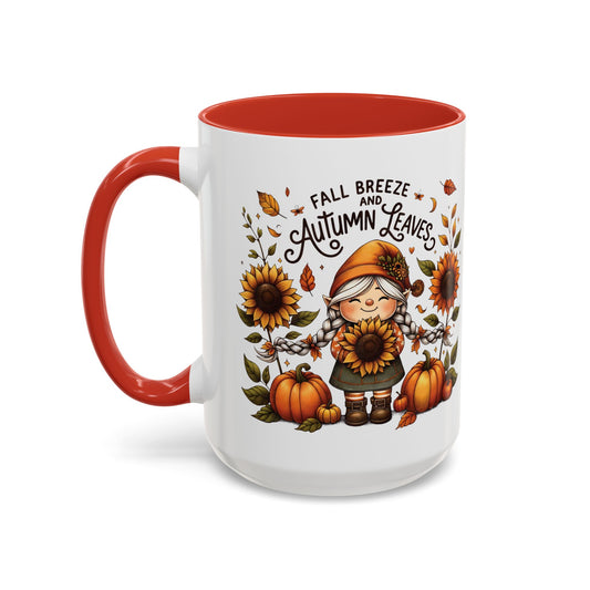 Fall Breeze and Autumn Leaves Mug | 11oz and 15oz Ceramic Coffee Cup | Cute Gnome, Sunflower, & Pumpkin Design