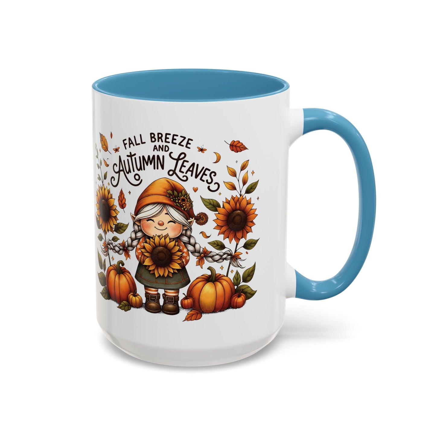 Fall Breeze and Autumn Leaves Mug | 11oz and 15oz Ceramic Coffee Cup | Cute Gnome, Sunflower, & Pumpkin Design