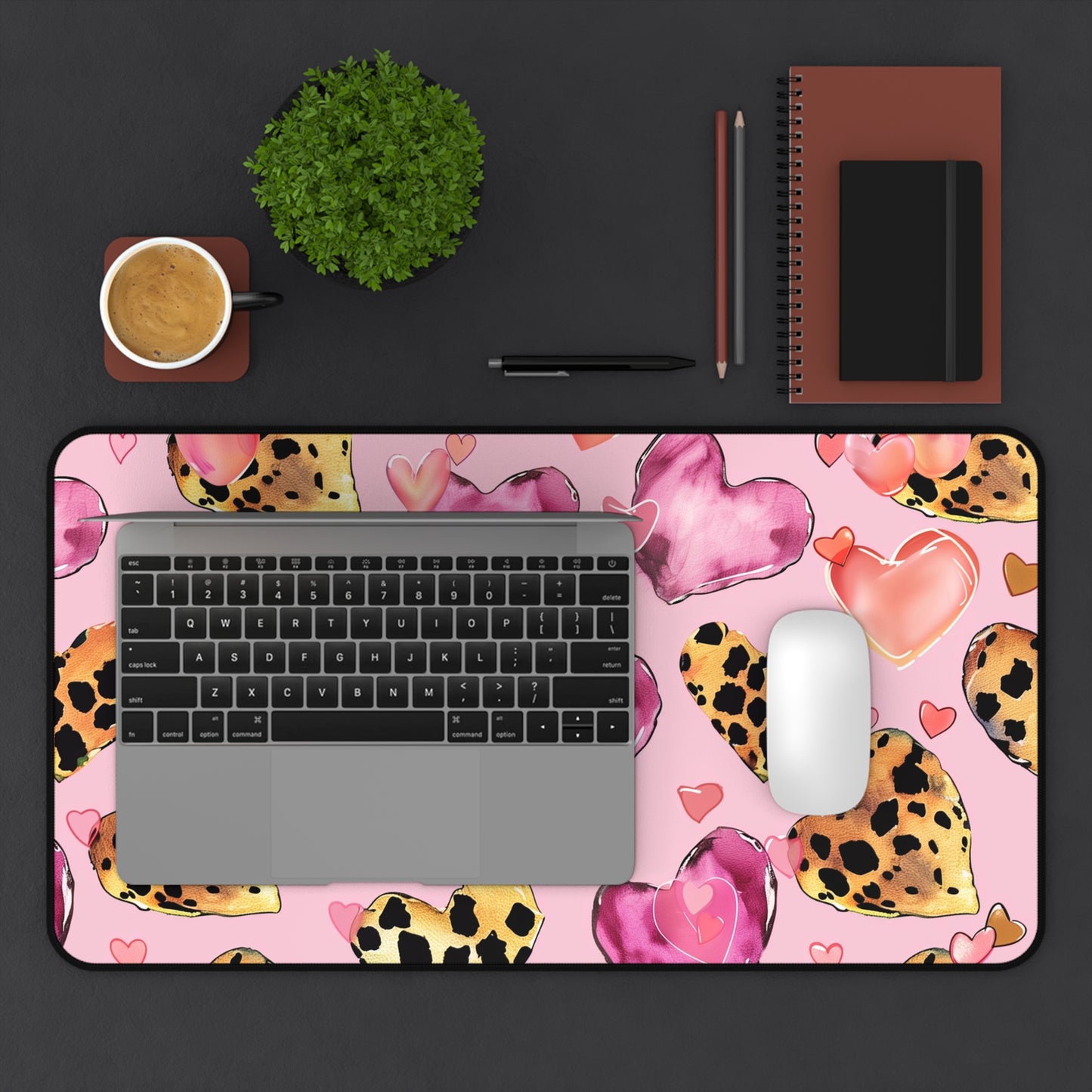 Heart Pattern Computer Desk Mat | Pink Leopard Hearts Mouse Pad | Anti-Slip Neoprene Desk Mat for Home Office | 3 Sizes Available